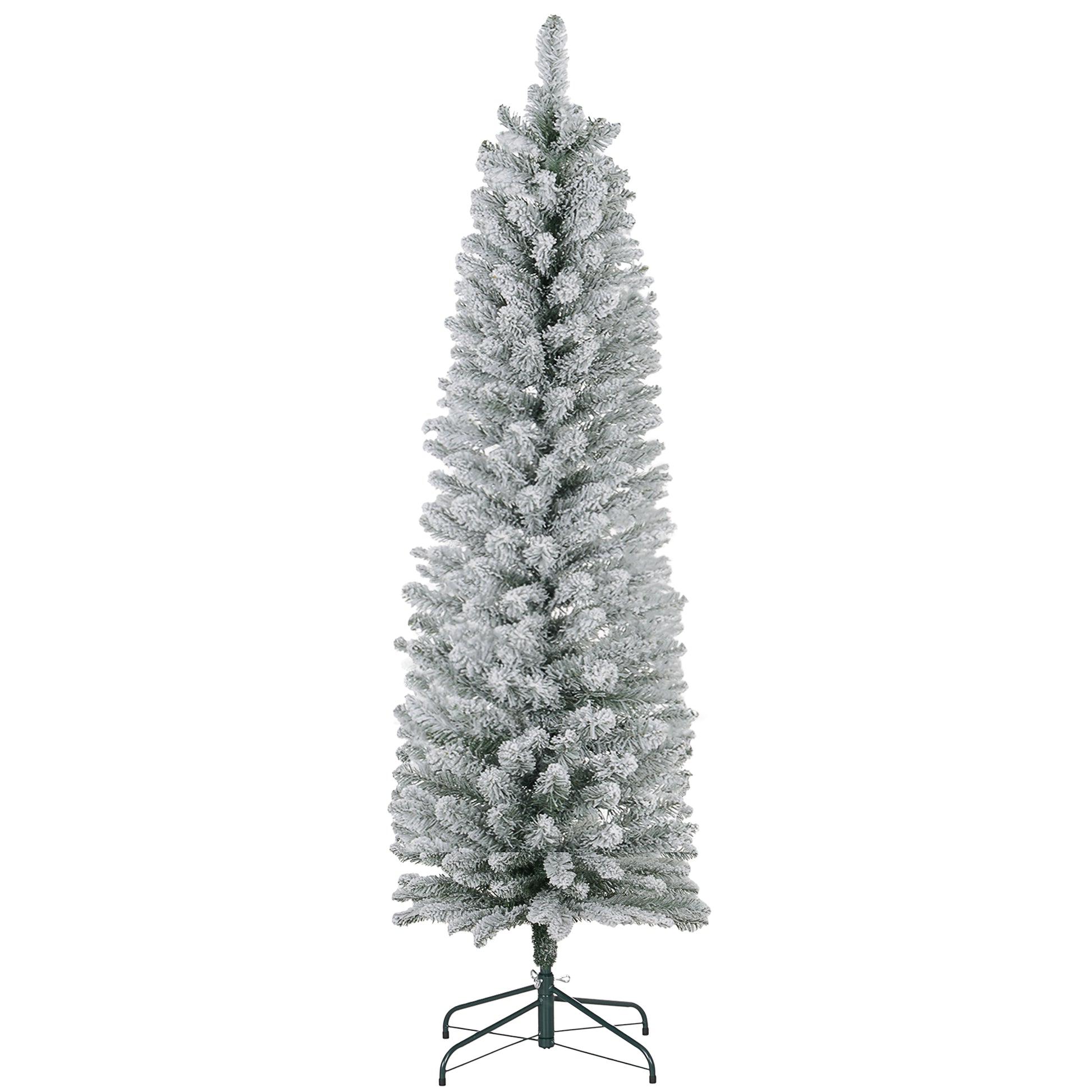 Slim flocked artificial Christmas tree with realistic branches dusted in snow perfect for smaller spaces