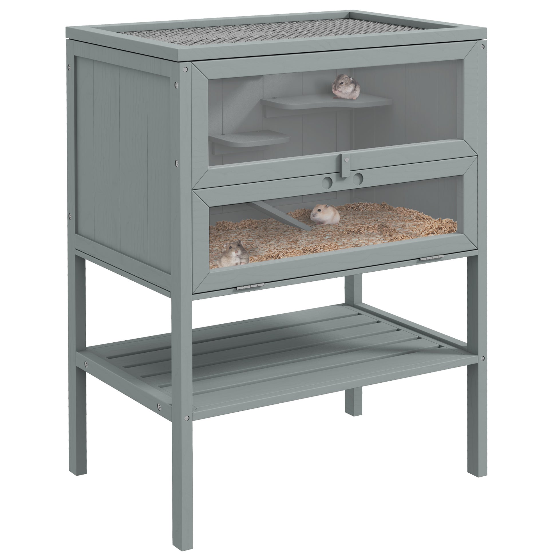 Grey wooden hamster cage with two levels and mesh top