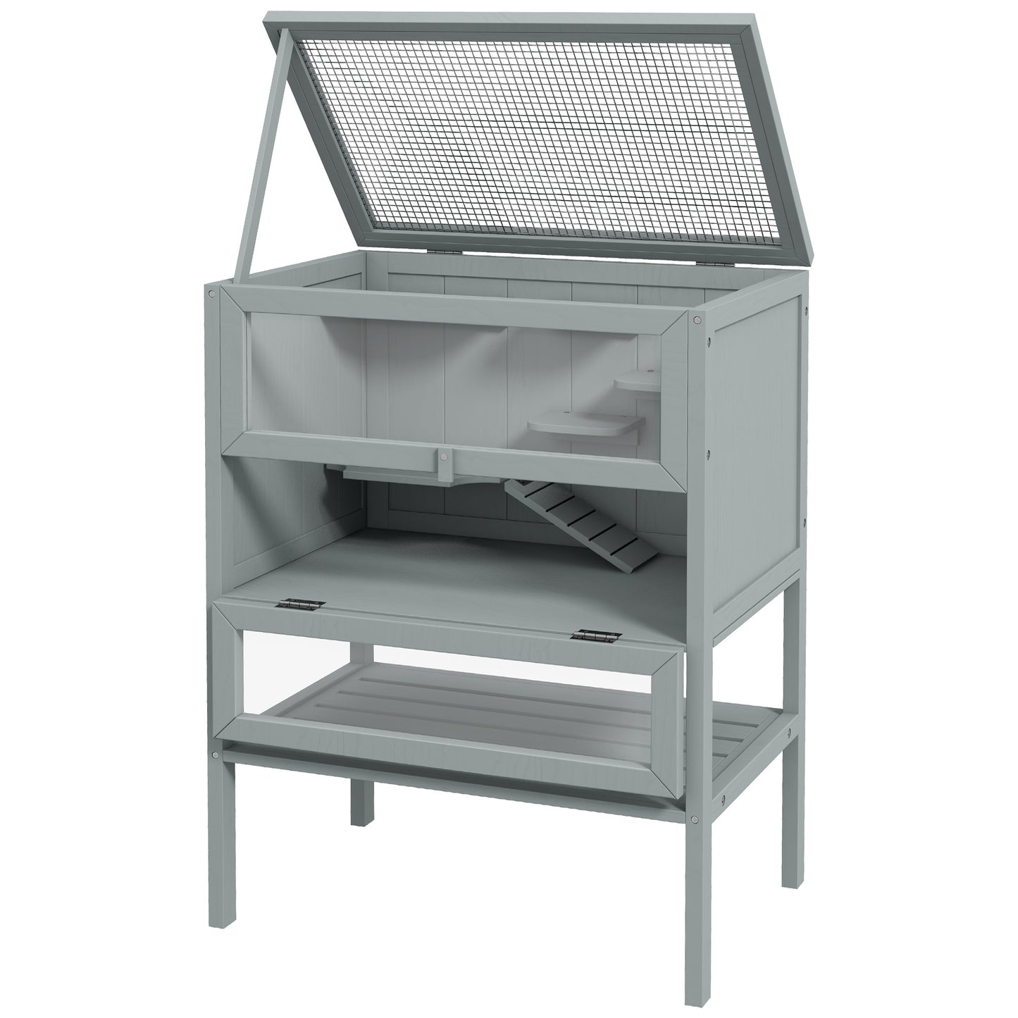 Gray wooden twotier hamster cage with mesh lid and interior ramp