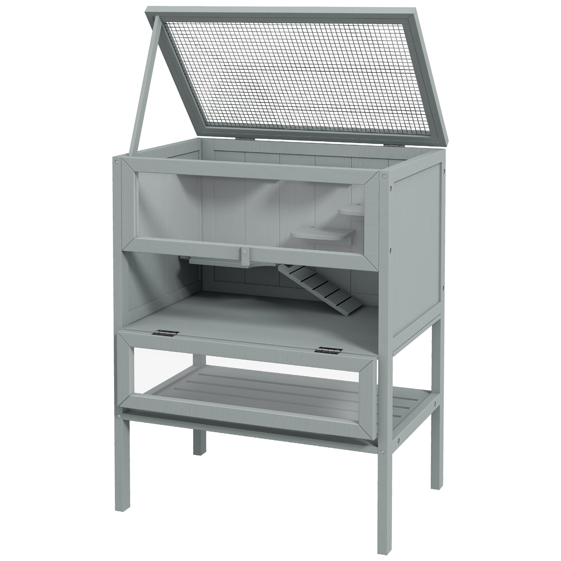 Gray wooden twotier hamster cage with mesh lid and interior ramp