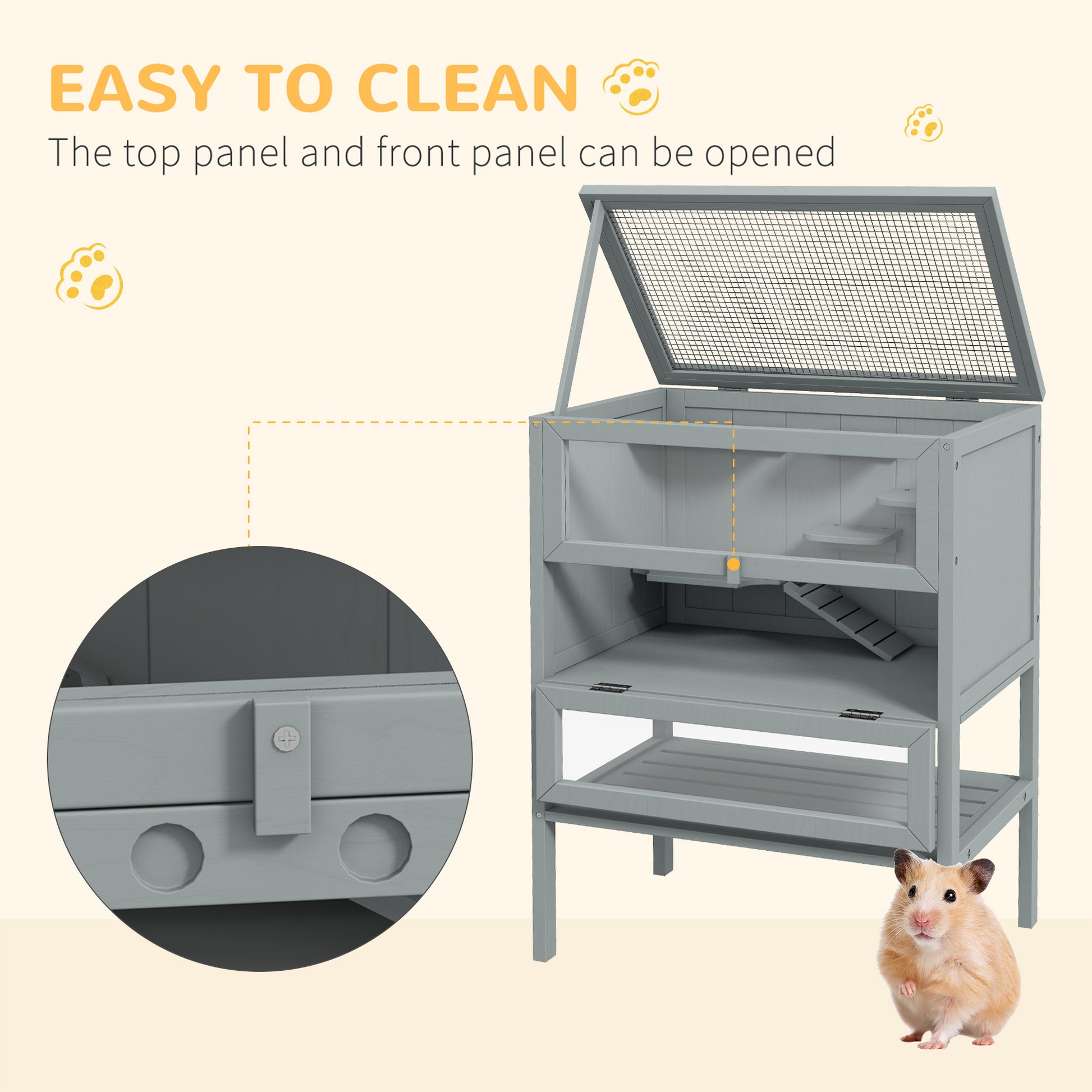 Grey wooden hamster cage with multiple levels and an open top