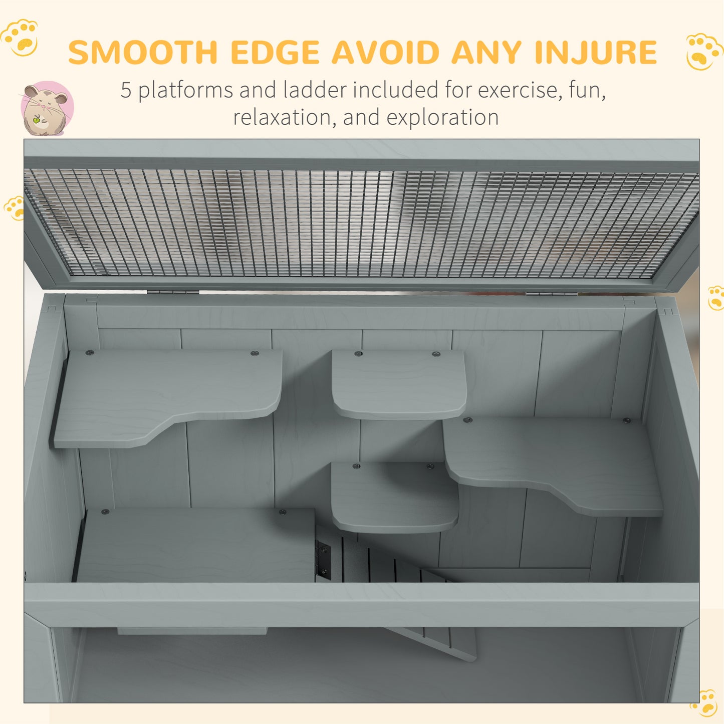 Grey wooden hamster cage with  platforms and wire top for ventilation