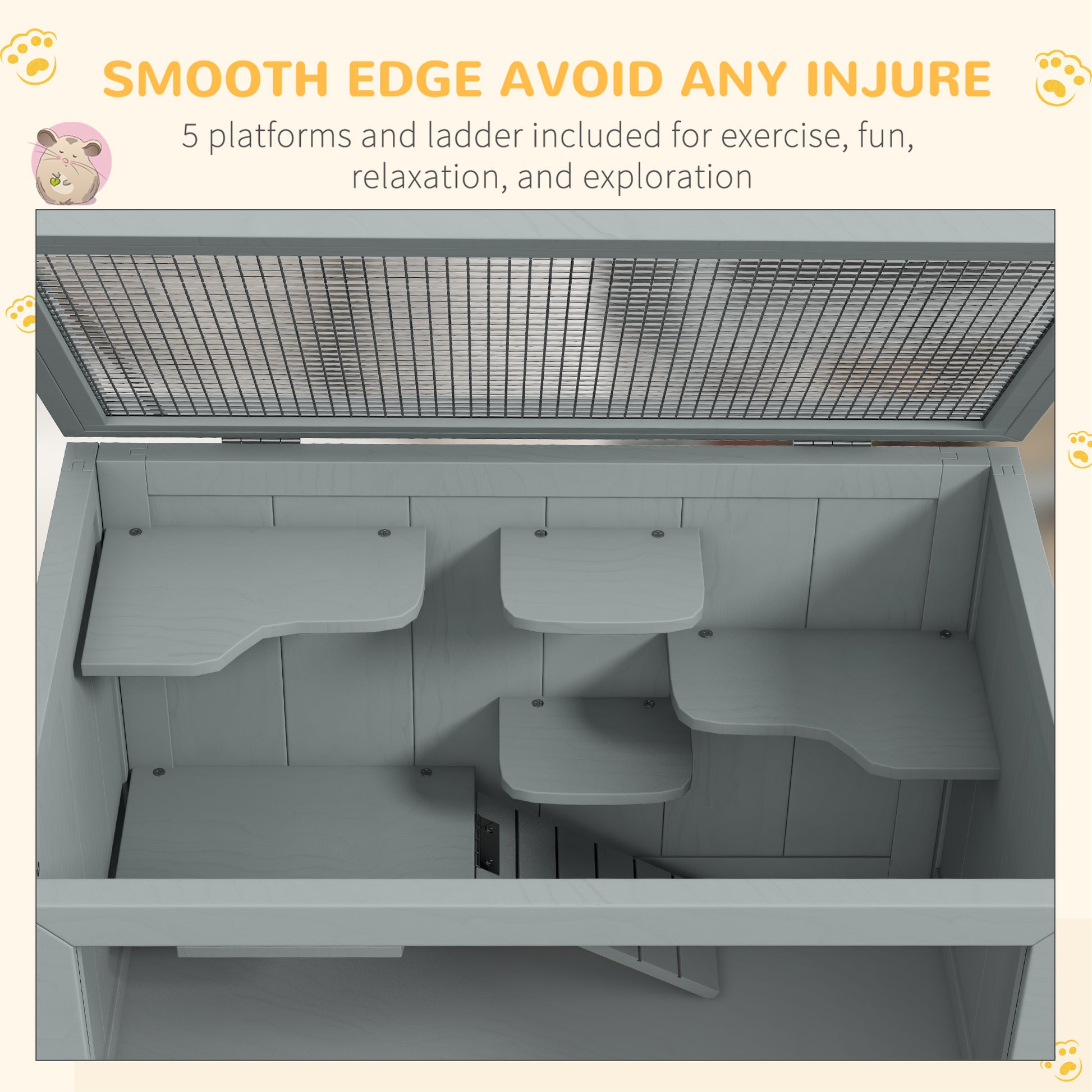 Grey wooden hamster cage with  platforms and wire top for ventilation