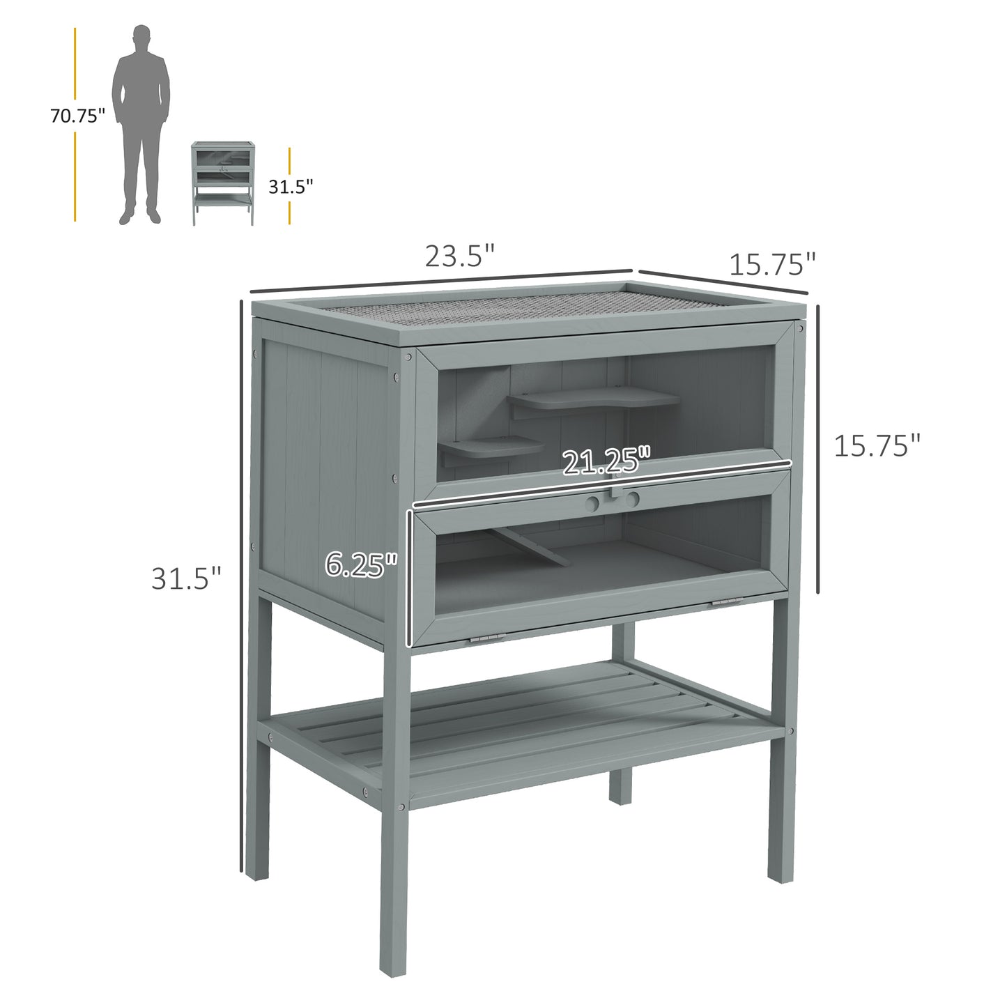 Grey wooden hamster cage with glass doors shelves and a ramp  H