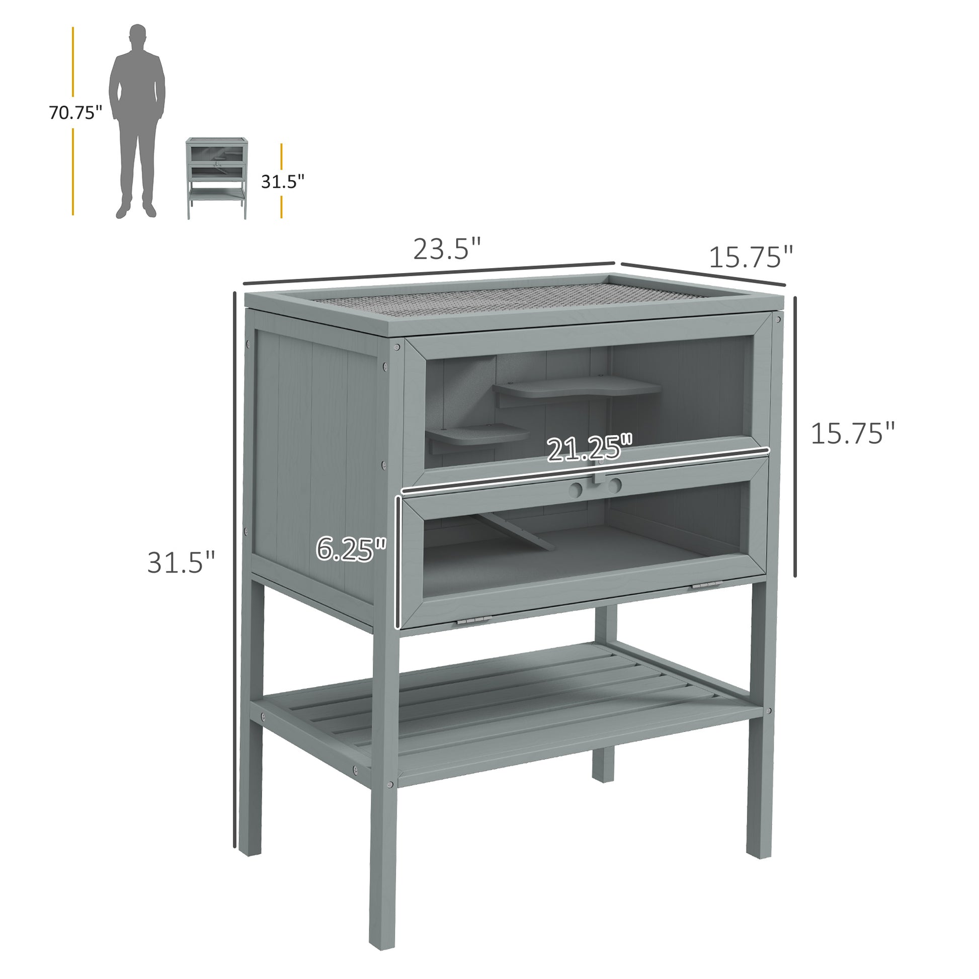 Grey wooden hamster cage with glass doors shelves and a ramp  H