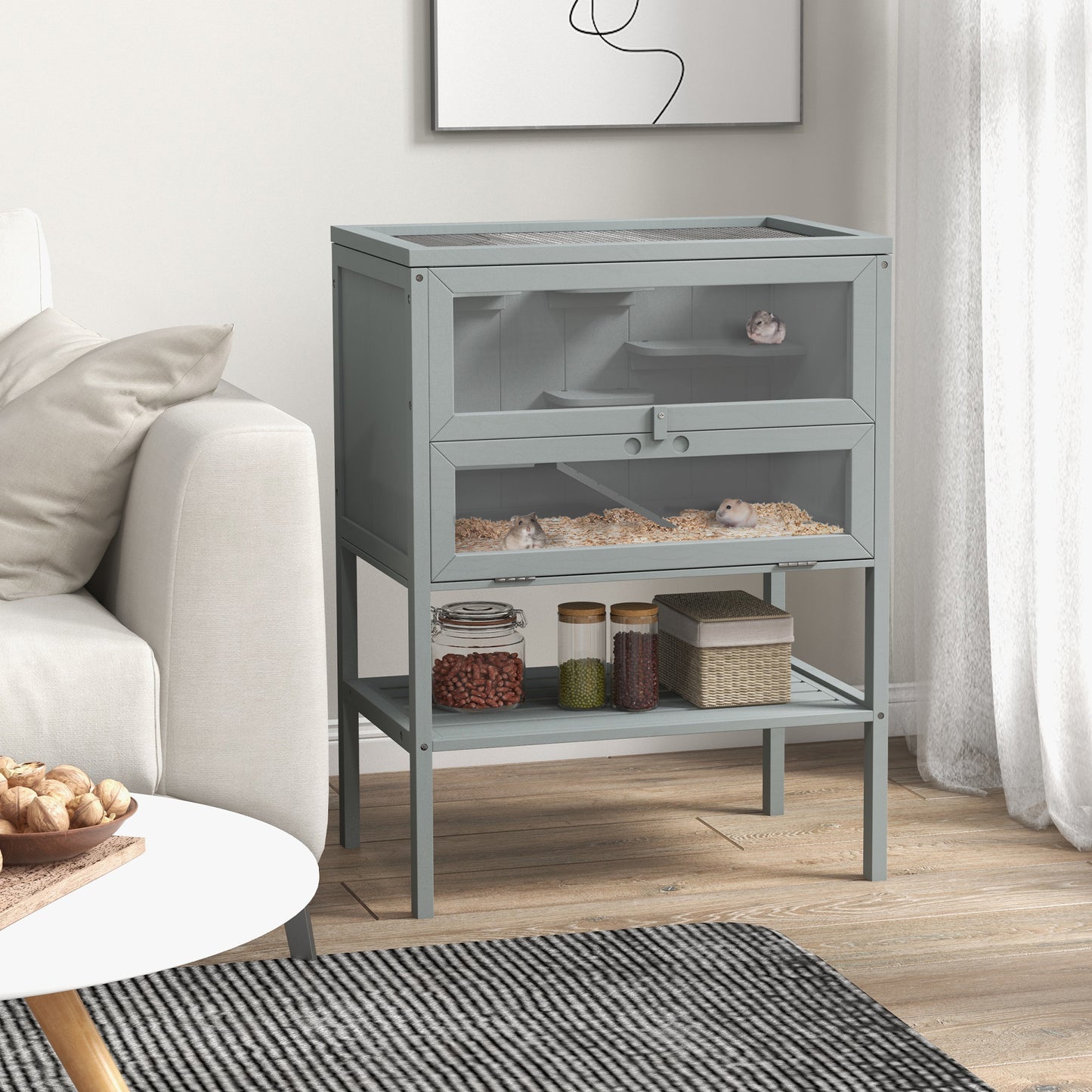 Twotier grey wooden hamster cage with glass doors suitable for small pets
