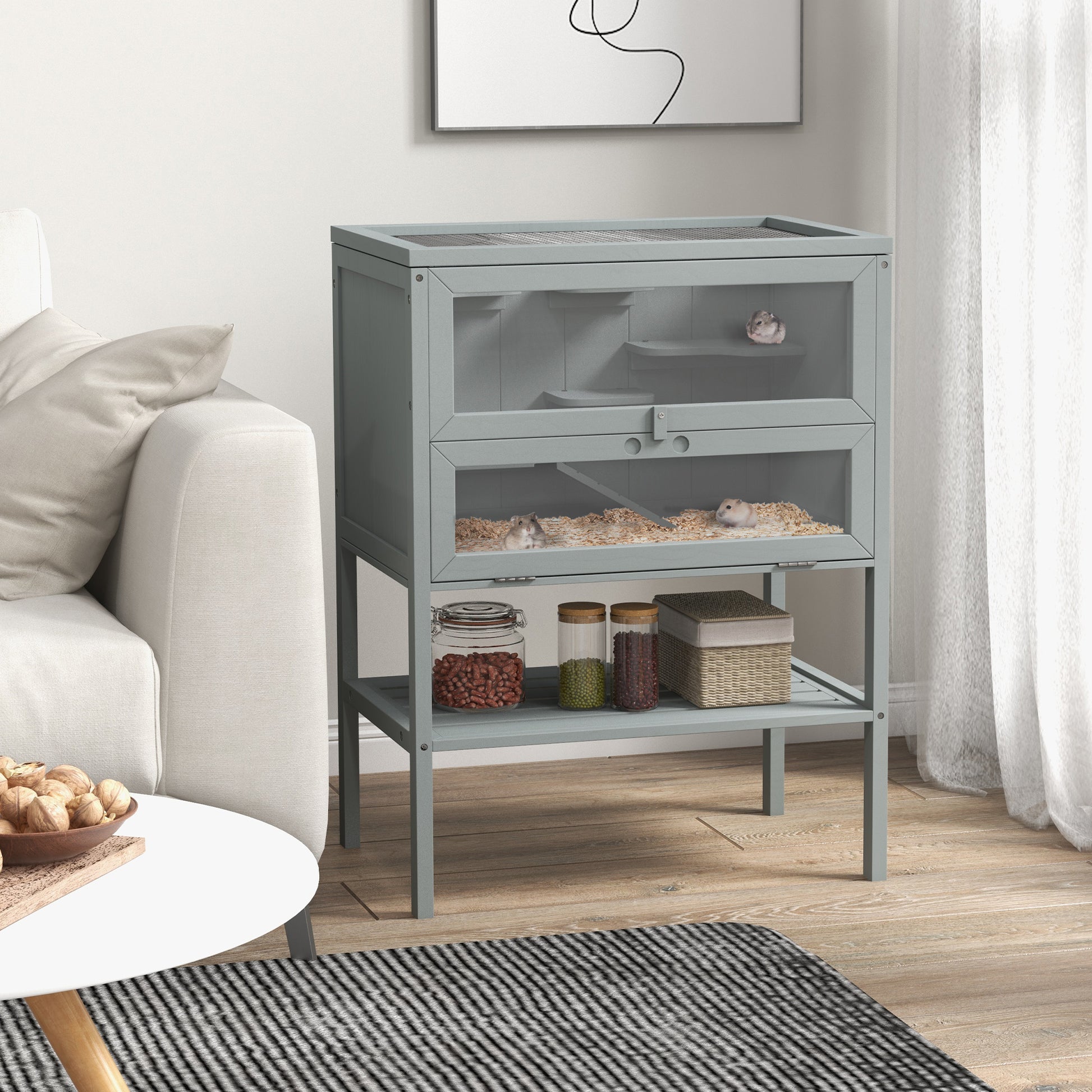 Twotier grey wooden hamster cage with glass doors suitable for small pets