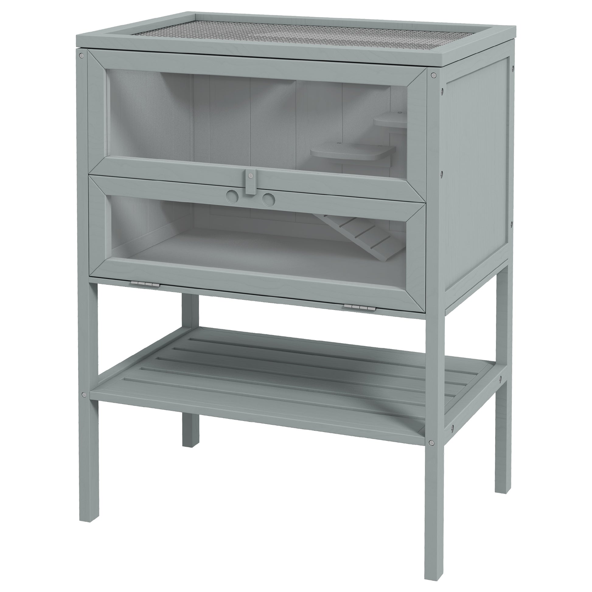 Gray wooden twotier hamster cage with glass doors and builtin shelves