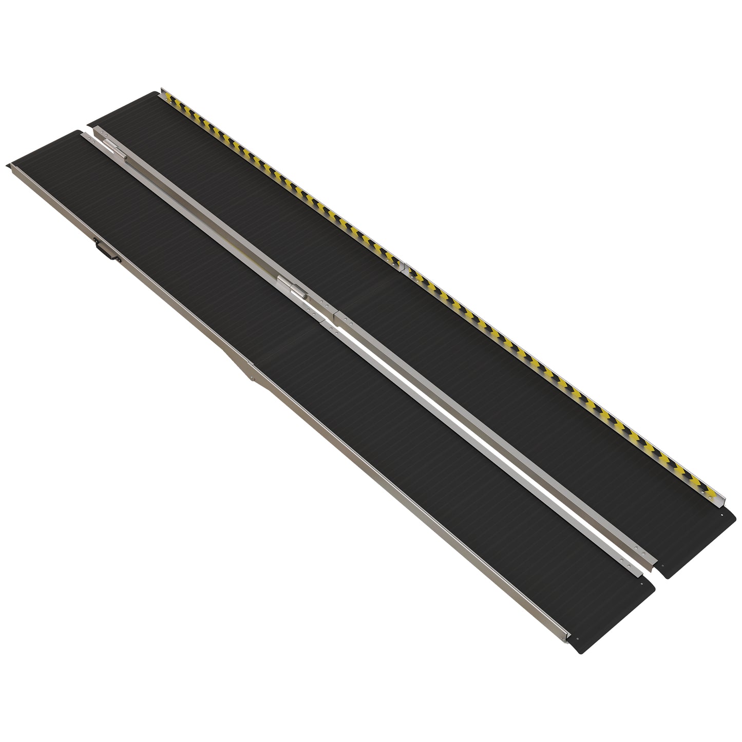 Black portable wheelchair ramp with aluminum frame and yellow safety strips