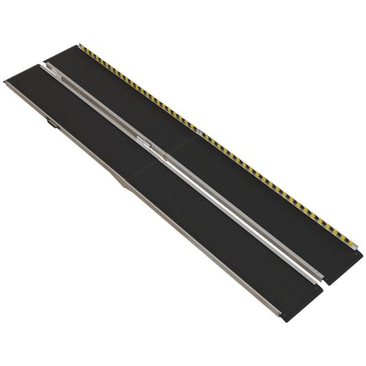 Black portable wheelchair ramp with aluminum frame and yellow safety strips