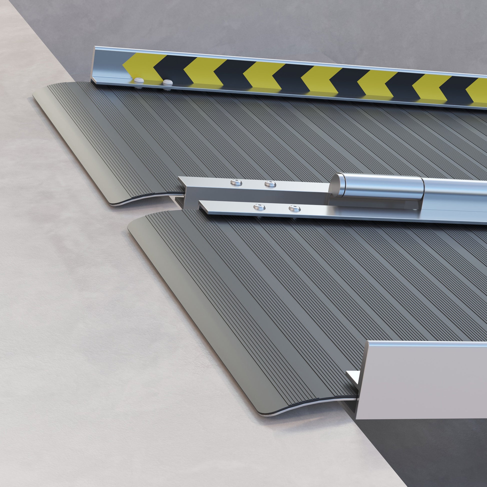 Modular wheelchair ramp section with rubberized surface and silver connectors for accessibility