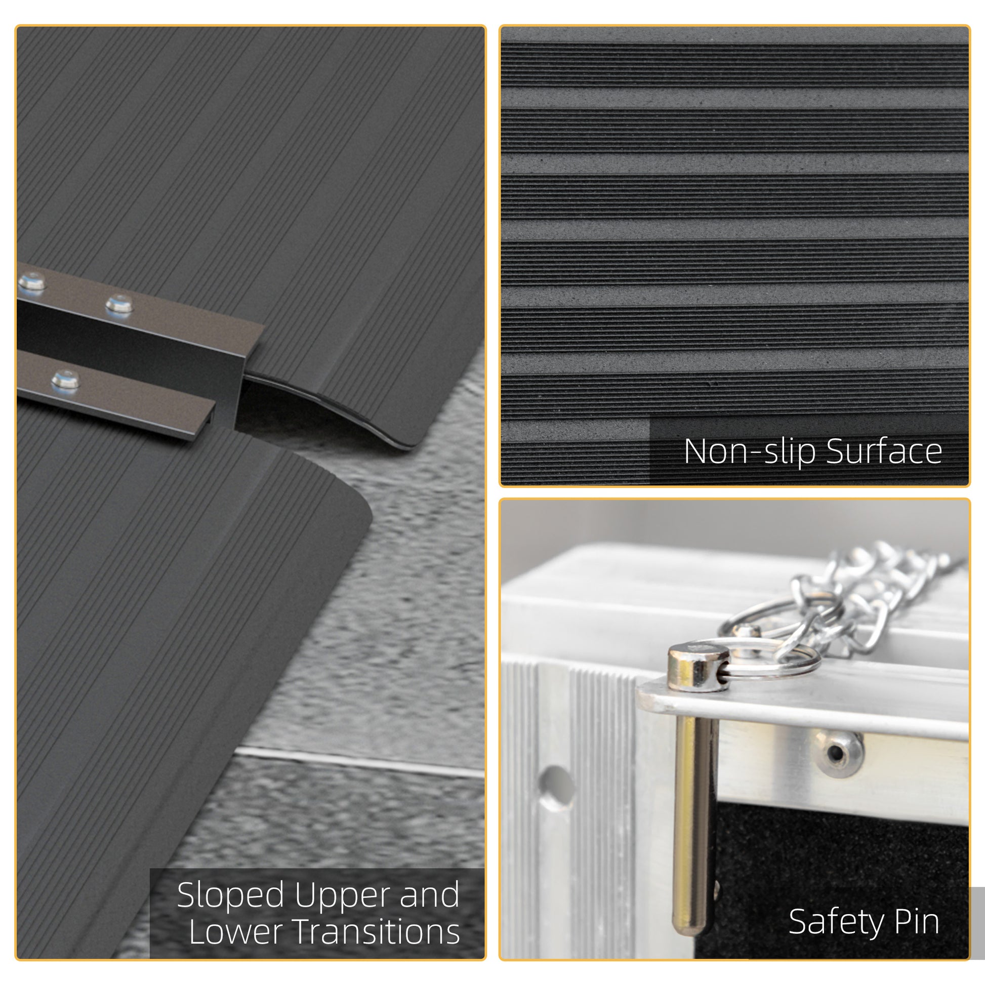 Closeup of dark gray ramp with textured nonslip surface and metal hinges for accessibility