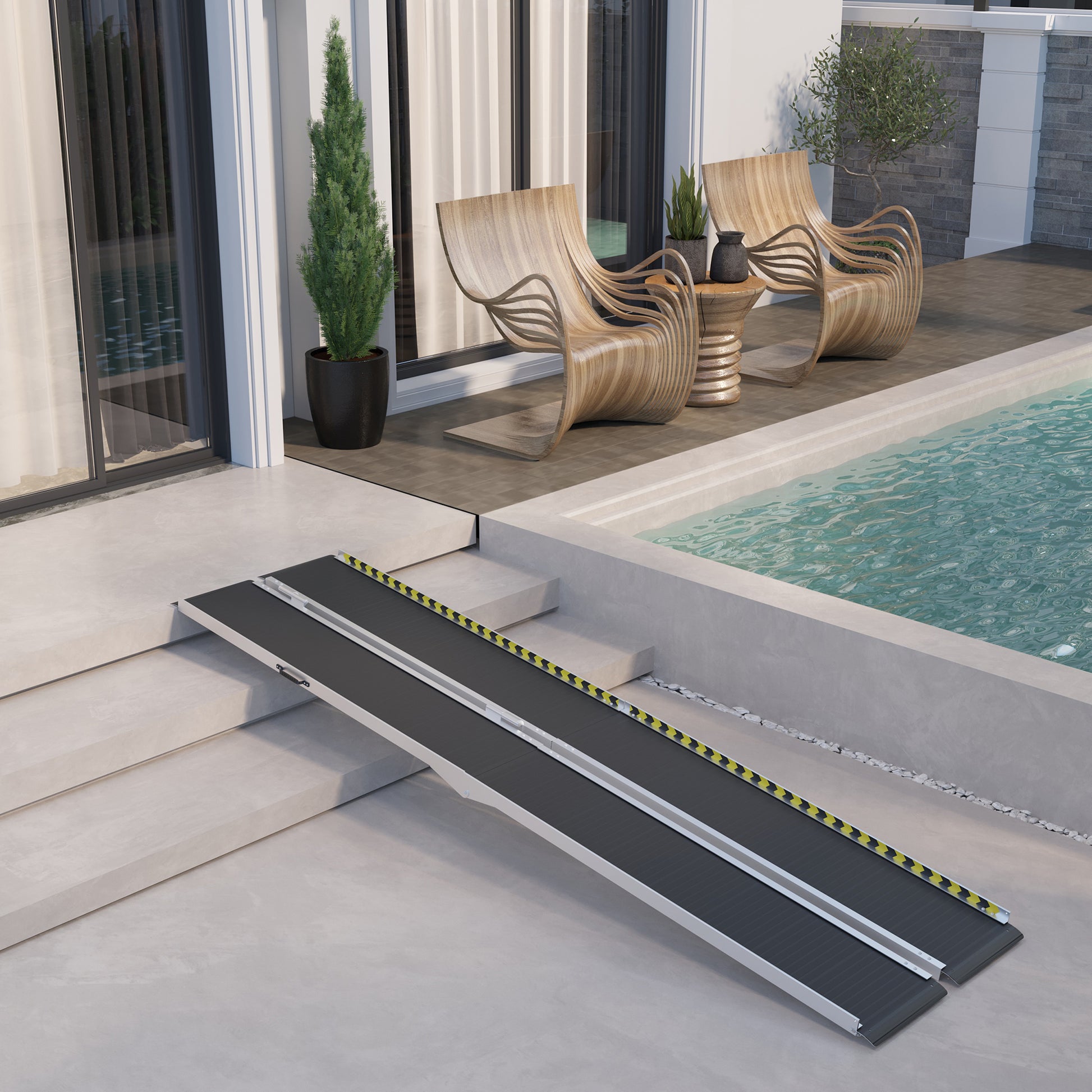 Portable wheelchair ramp with nonslip surface and safety stripes for outdoor use
