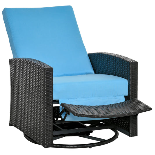Comfortable rocking patio chair with sky blue cushions and woven dark brown frame