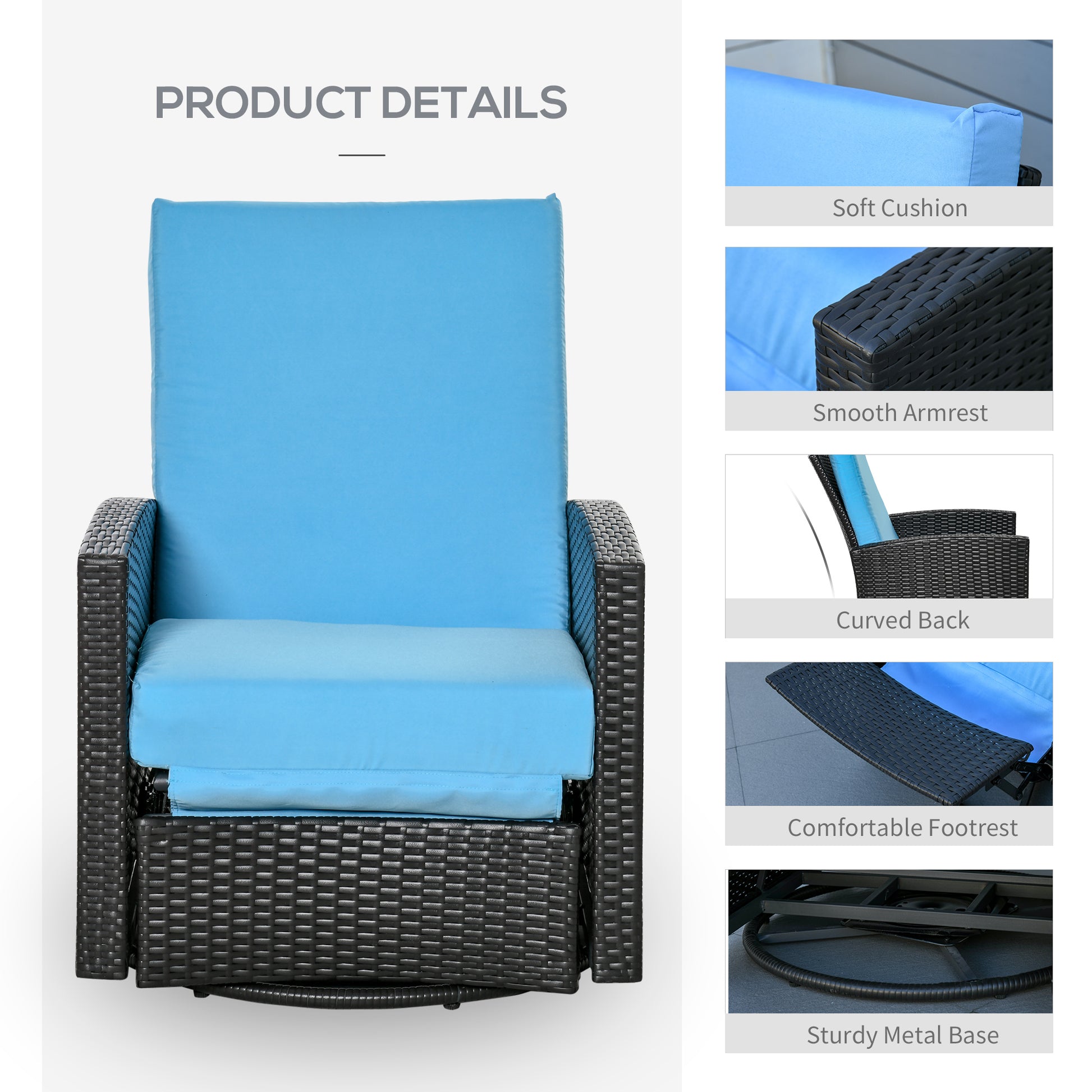 Rattan patio chair with plush blue cushions and a swivel metal base