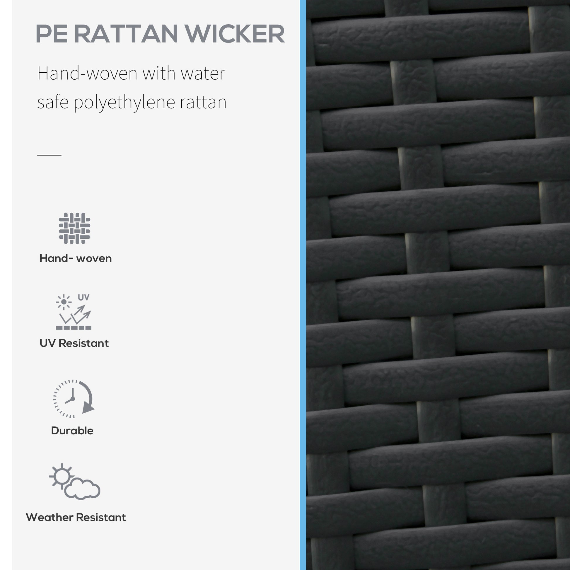 Dark gray PE rattan wicker weave handwoven with watersafe polyethylene for outdoor furniture