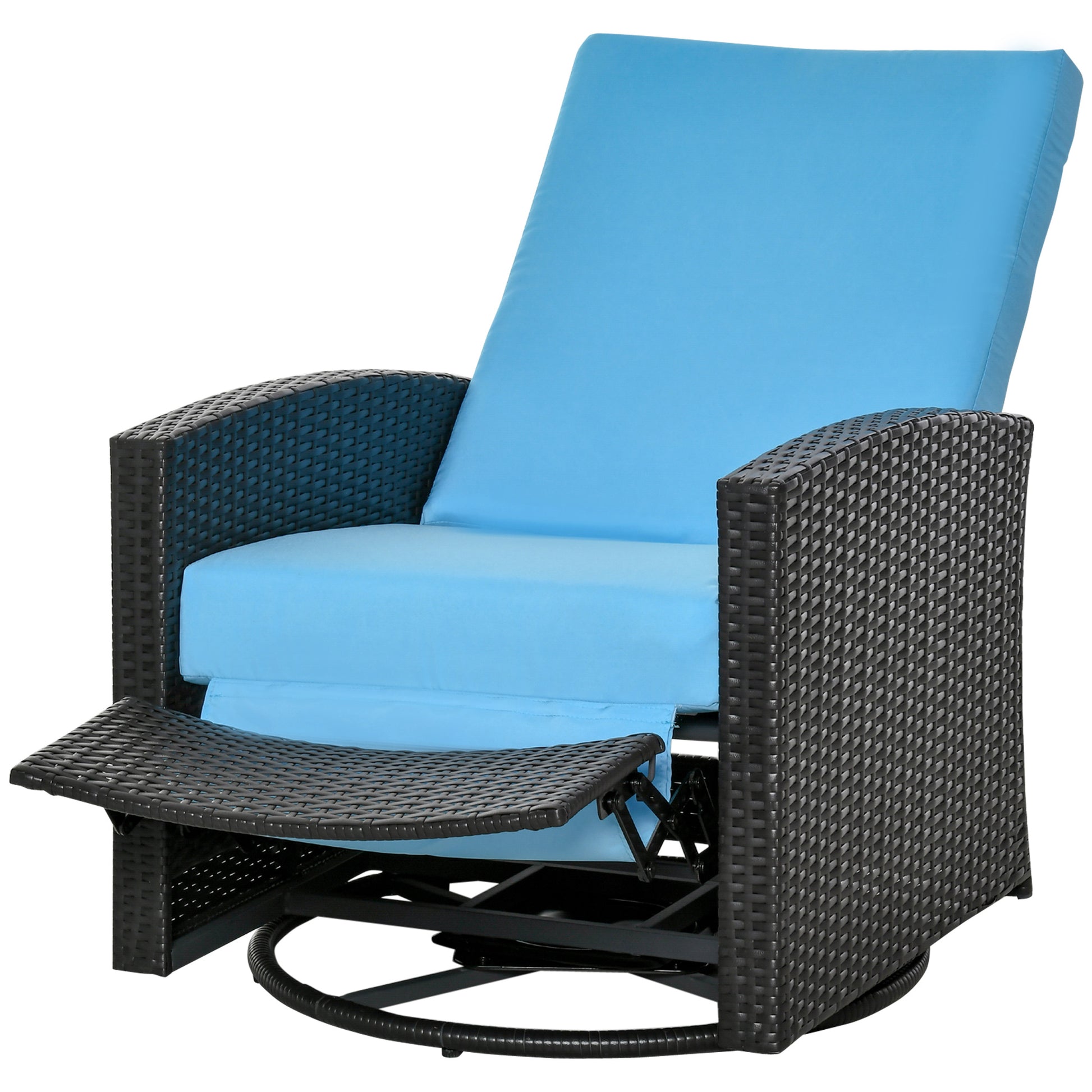 Wicker patio glider recliner with plush blue cushions and black metal base