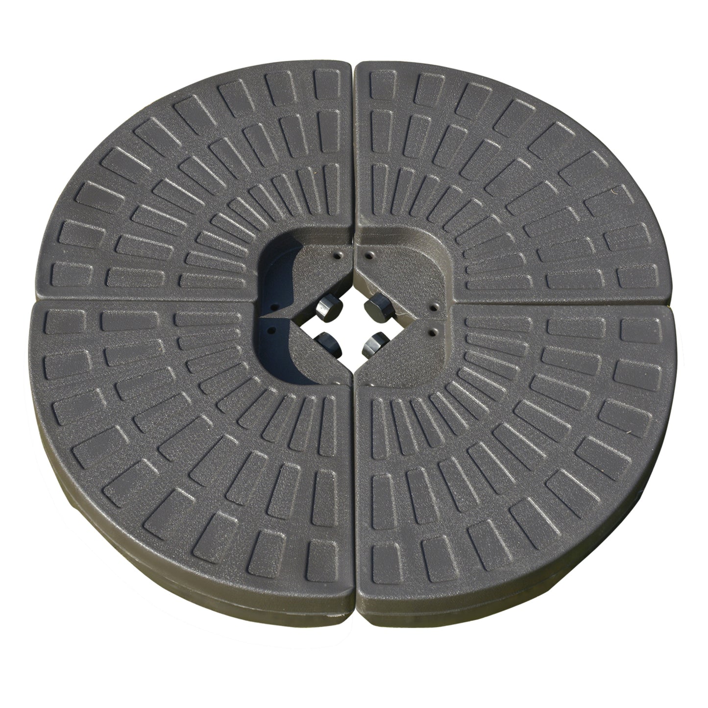 Dark gray circular umbrella base composed of four interlocking pieces with textured patterns