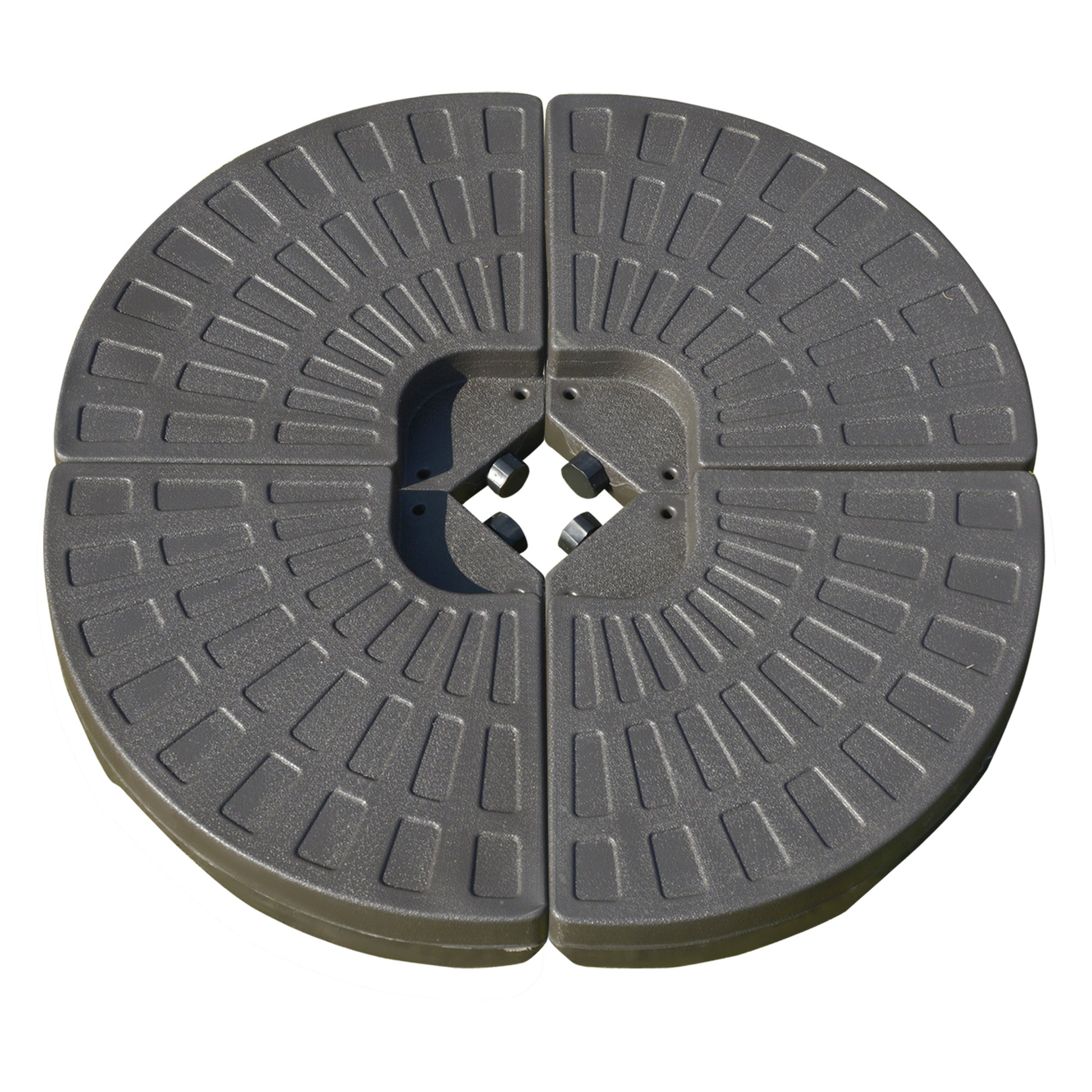 Dark gray circular umbrella base composed of four interlocking pieces with textured patterns