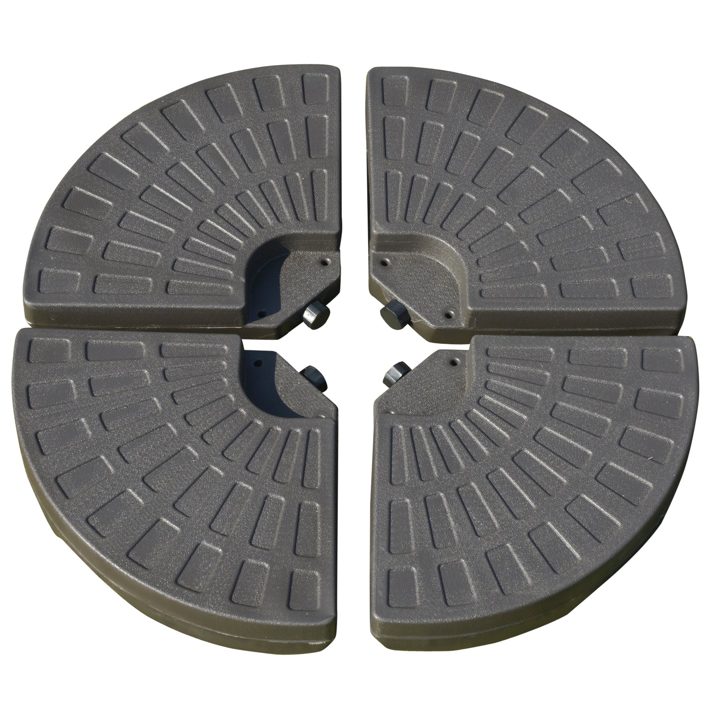 Four dark grey patio umbrella base sections with textured surface