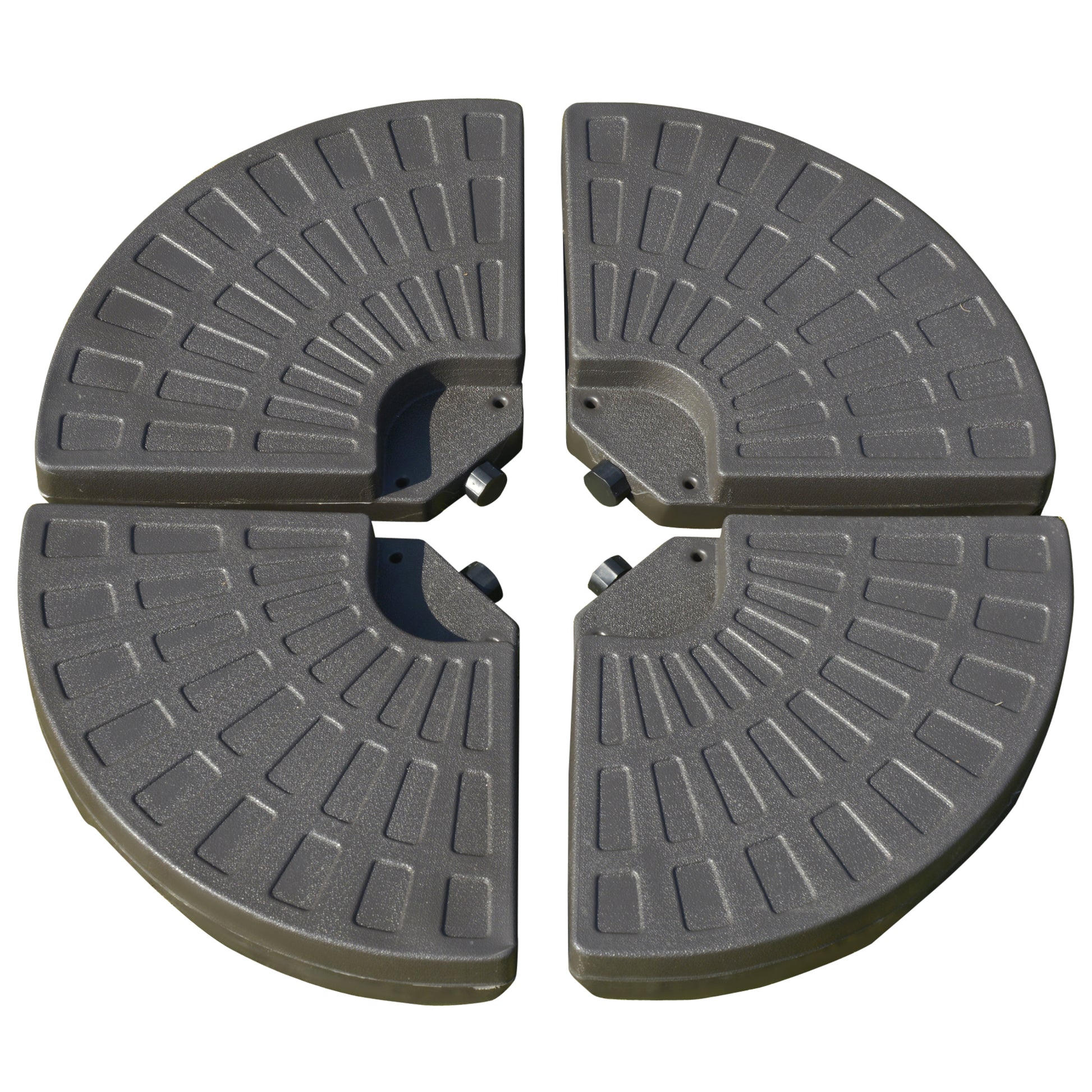 Four dark grey patio umbrella base sections with textured surface