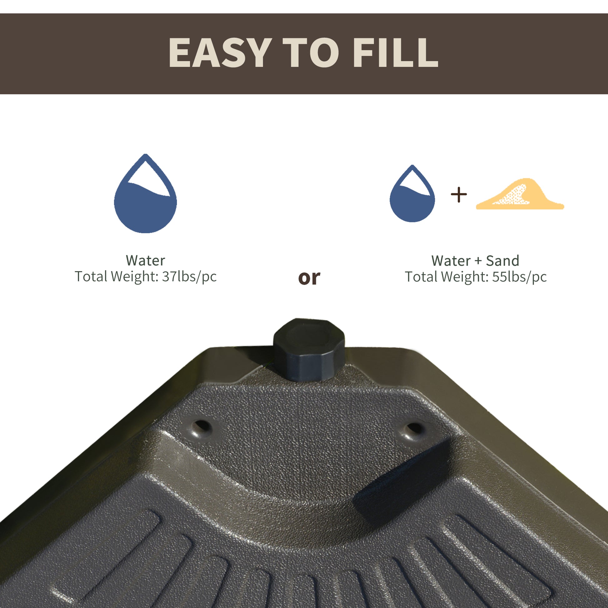 Dark gray plastic umbrella base filling options with water or water and sand for stability