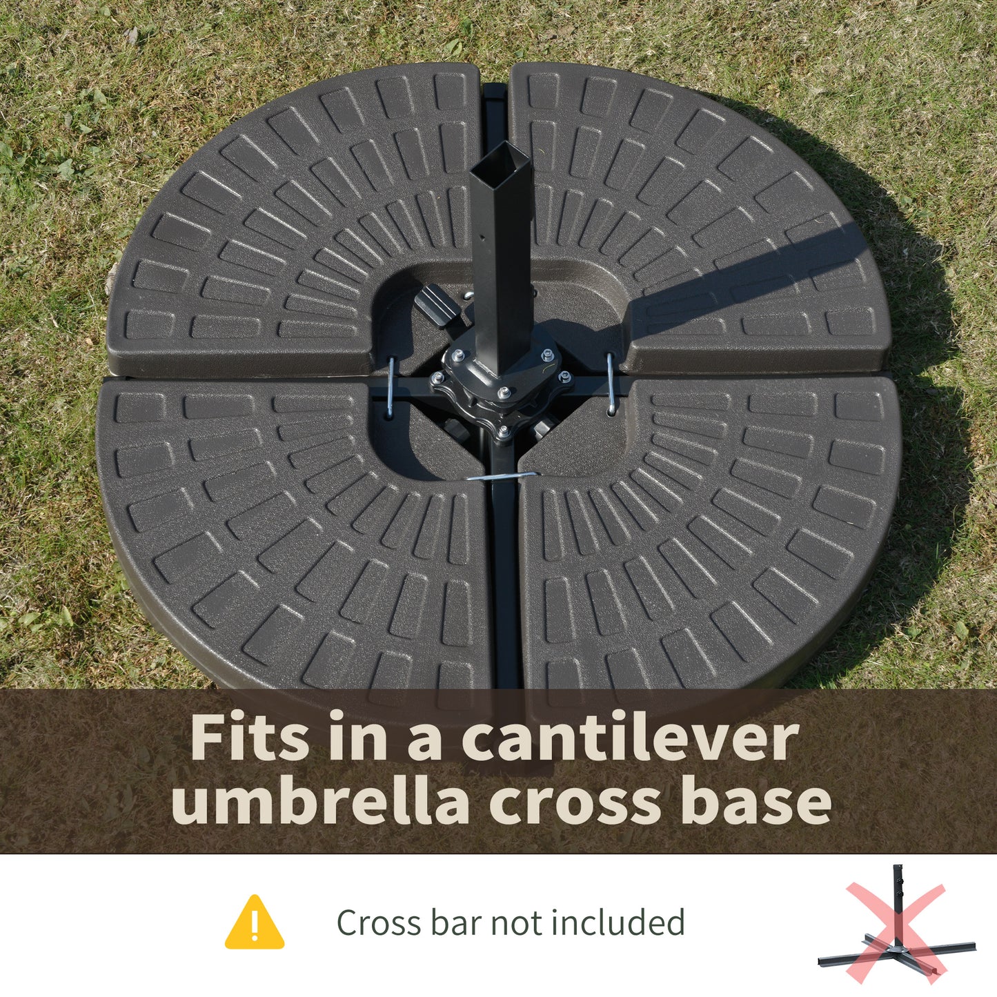 Black plastic cantilever umbrella base weight sections assembled on grass