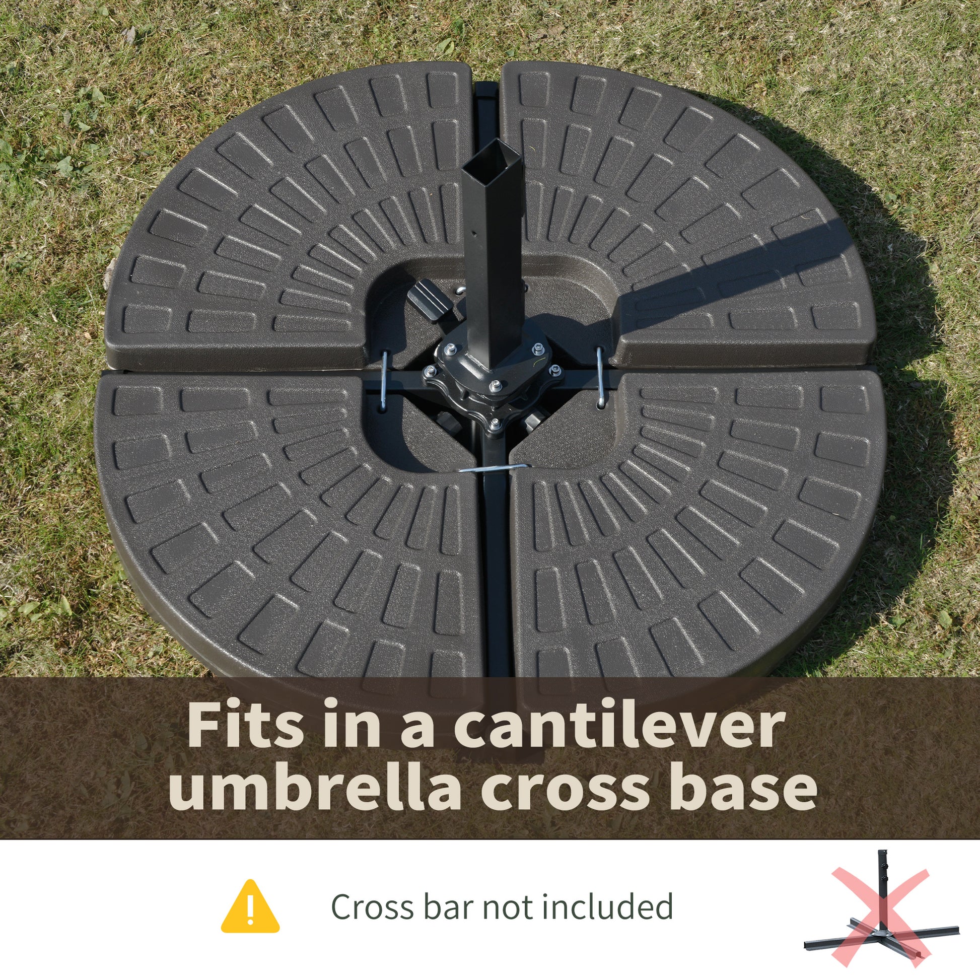 Black plastic cantilever umbrella base weight sections assembled on grass