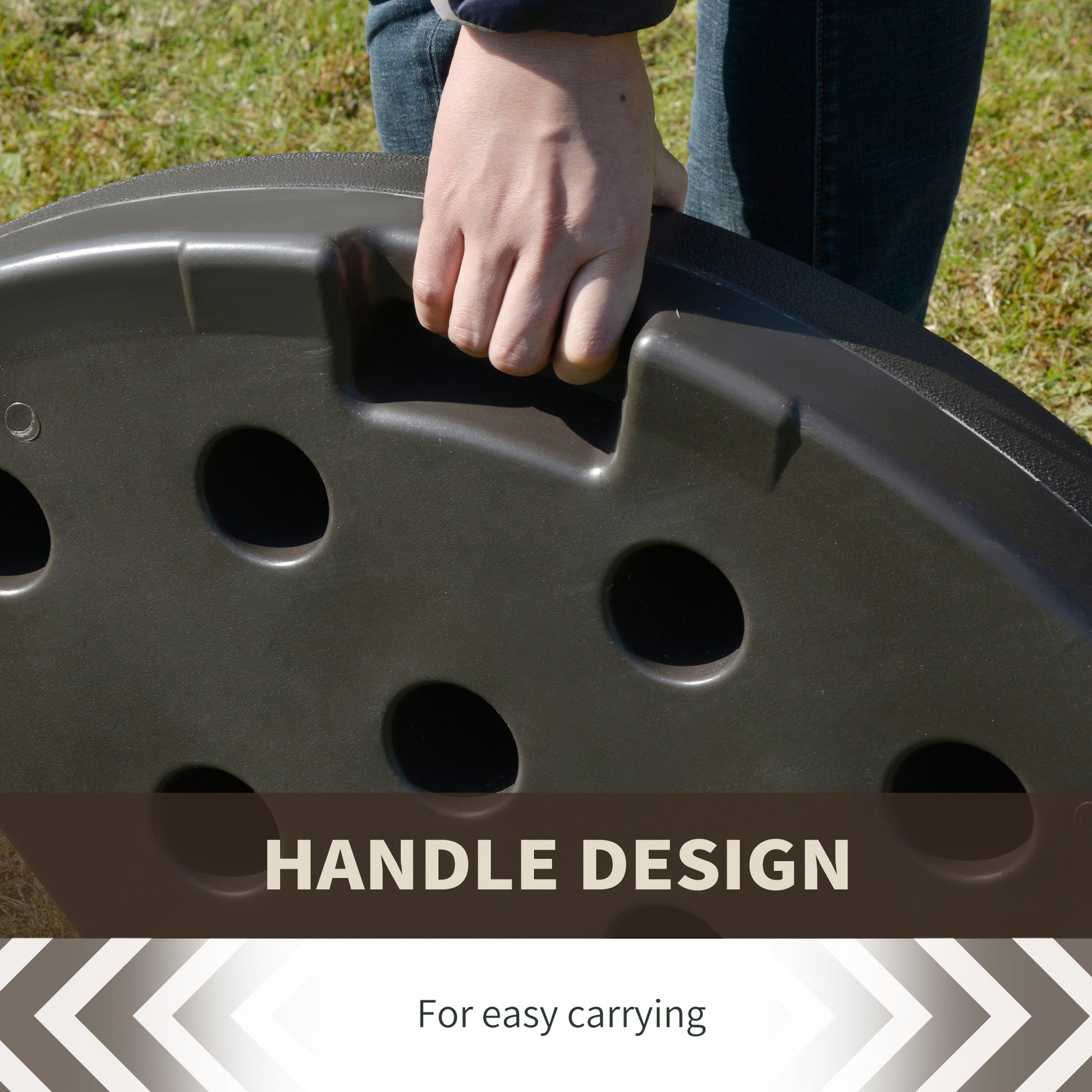 Dark gray round plastic base with integrated handle for easy transport