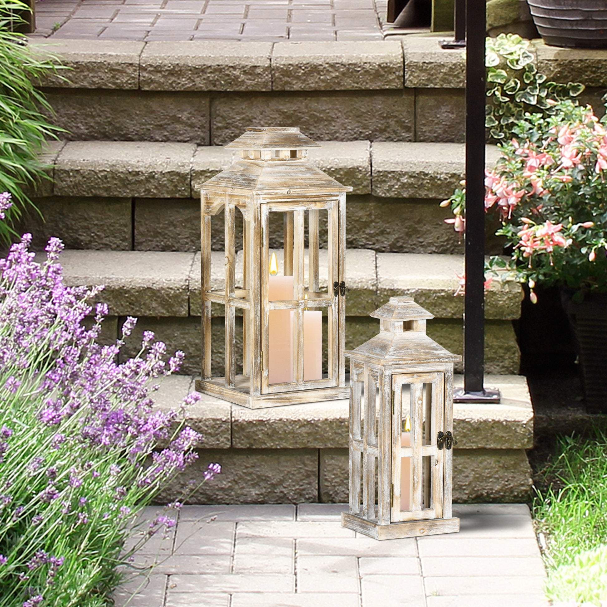 Rustic white wooden lantern with glass panels and candle perfect for outdoor decor