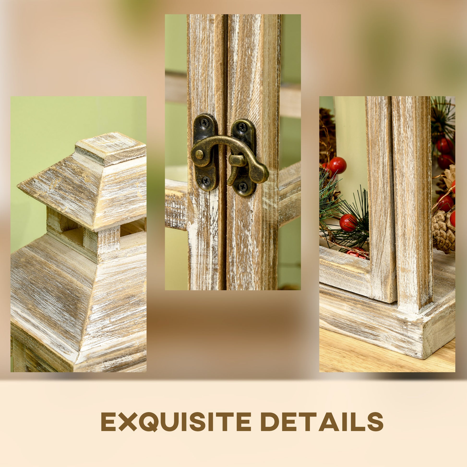 Distressed white wood lantern with ornate bronze latch perfect for farmhouse decor