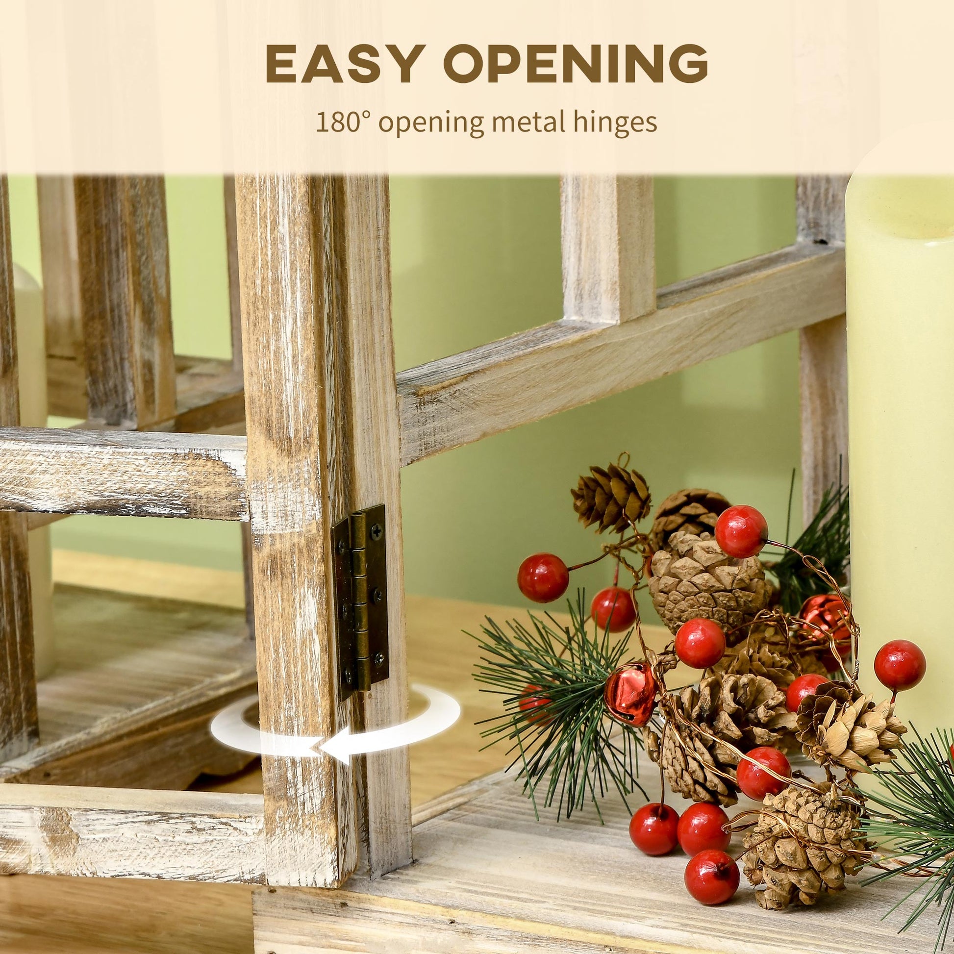 Distressed white wooden lantern with open degree metal hinges