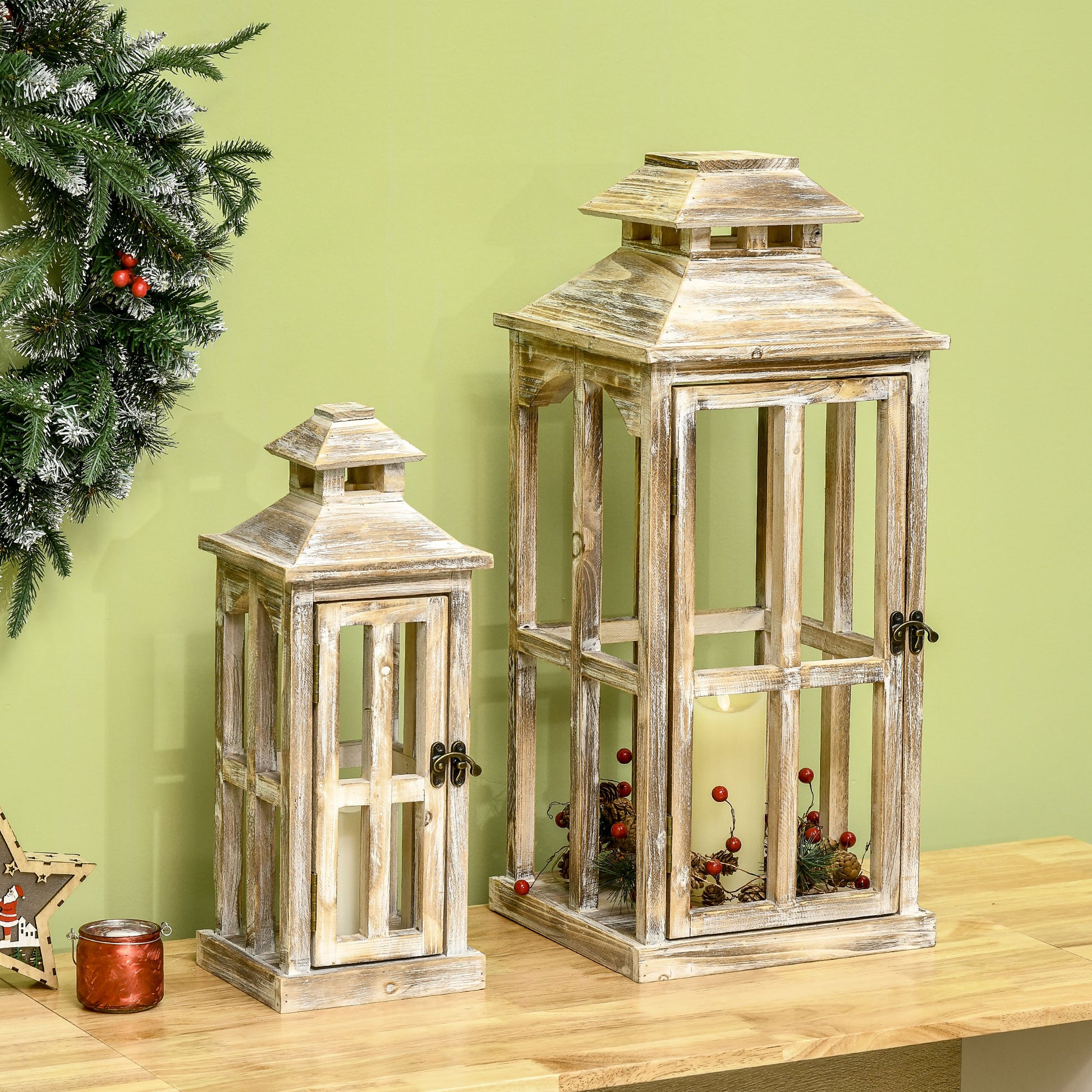 Rustic weathered wood lantern with a candle inside