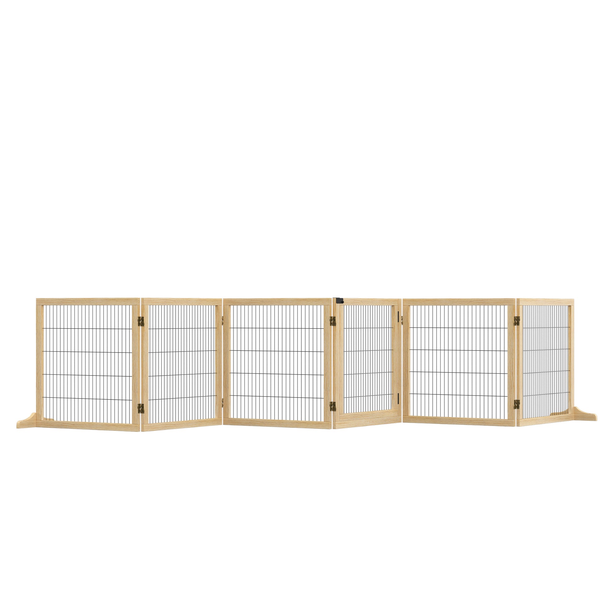 Natural wood pet gate six panels adjustable configuration for indoor use