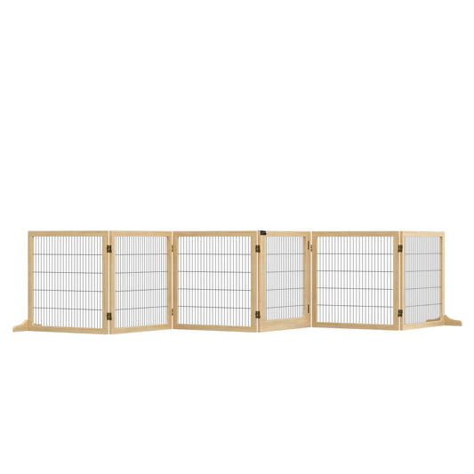 Natural wood pet gate six panels adjustable configuration for indoor use