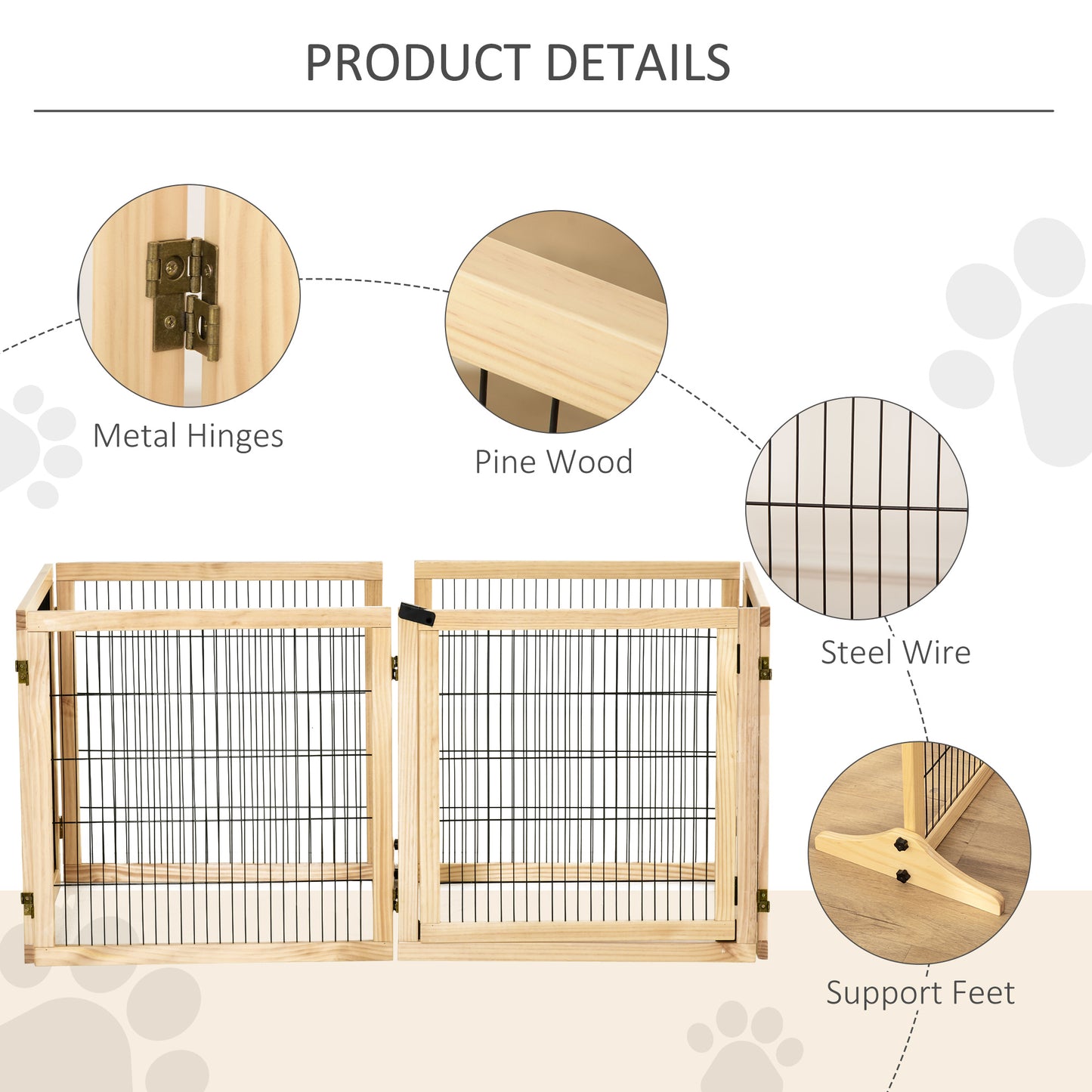 Light brown pine wood pet playpen with metal hinges and steel wire mesh