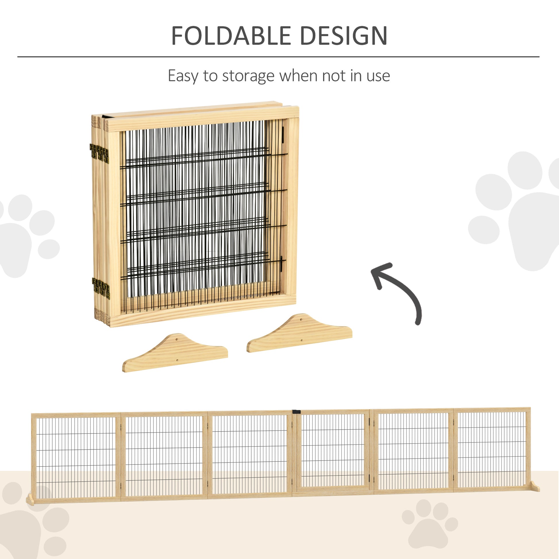 Natural wood pet playpen with black wire mesh and foldable design for easy storage