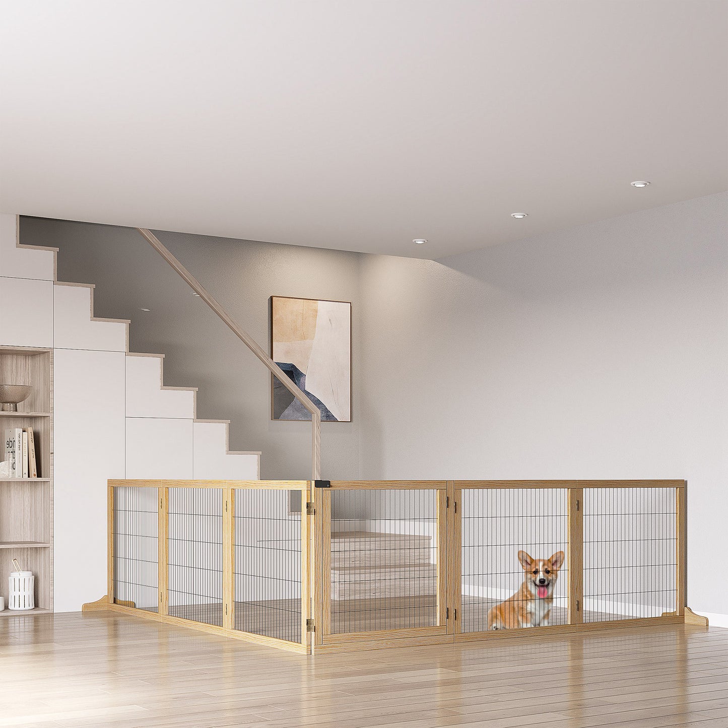 Light wood pet gate with wire mesh panels keeping a corgi safely contained indoors