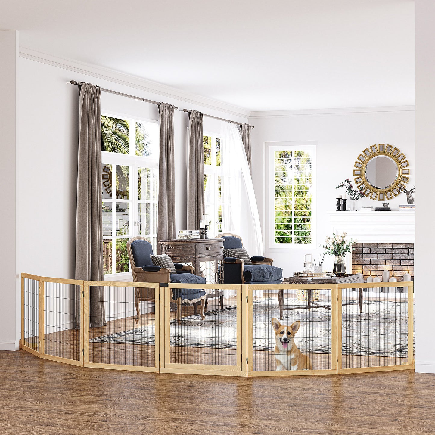 Adjustable wood pet gate with black wire mesh for indoor use