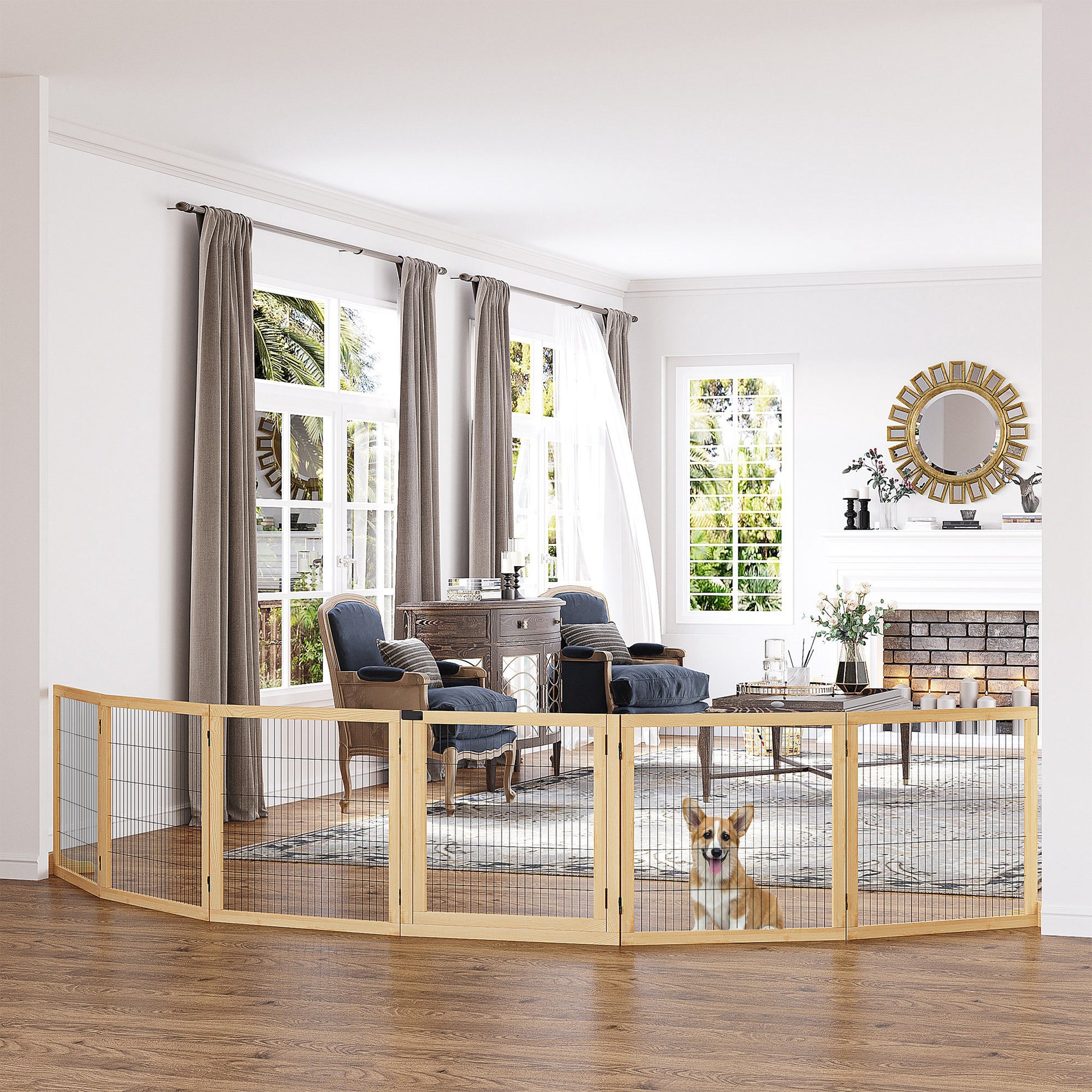 Adjustable wood pet gate with black wire mesh for indoor use