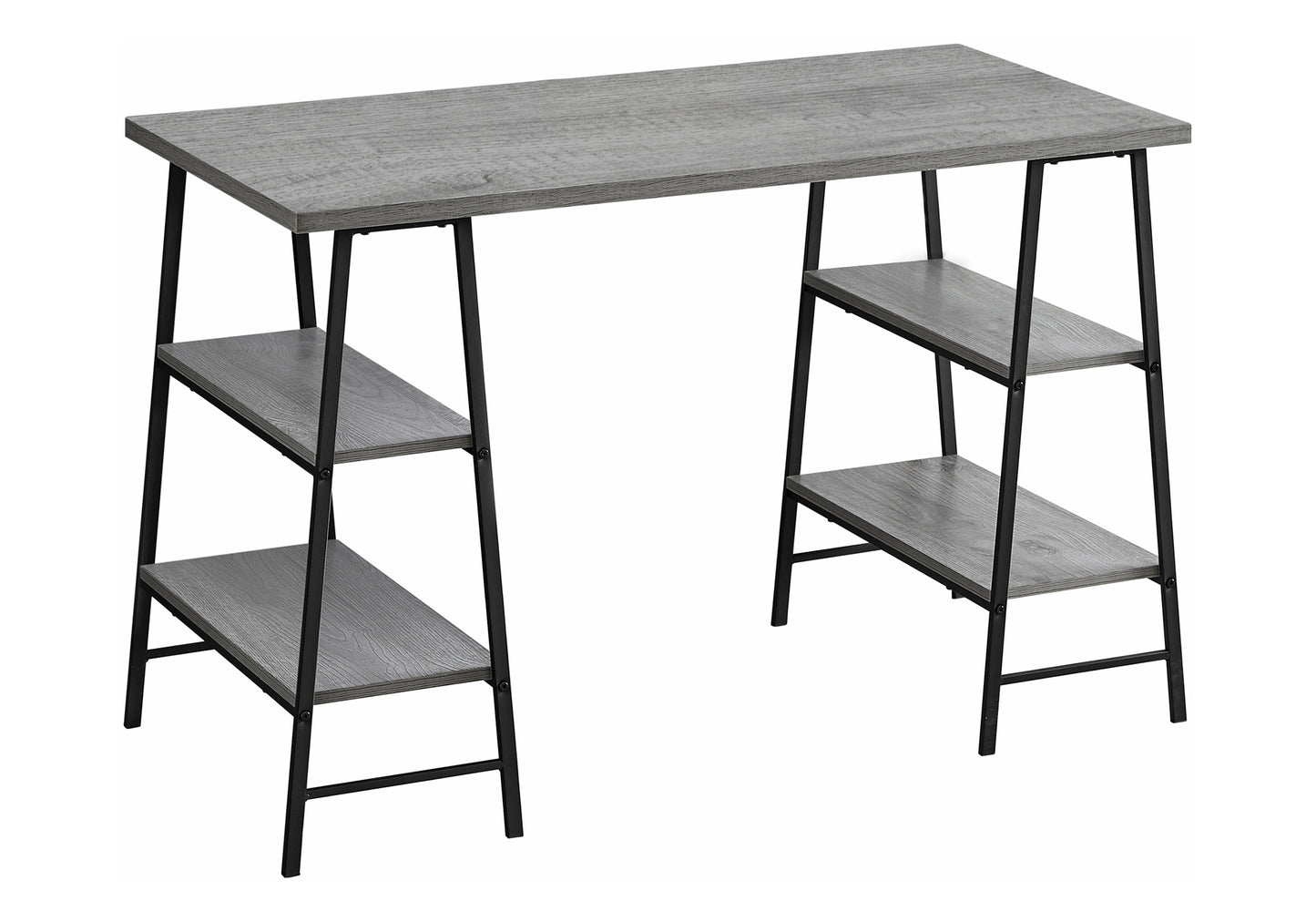 Modern grey wood desk with black metal frame and two builtin shelves