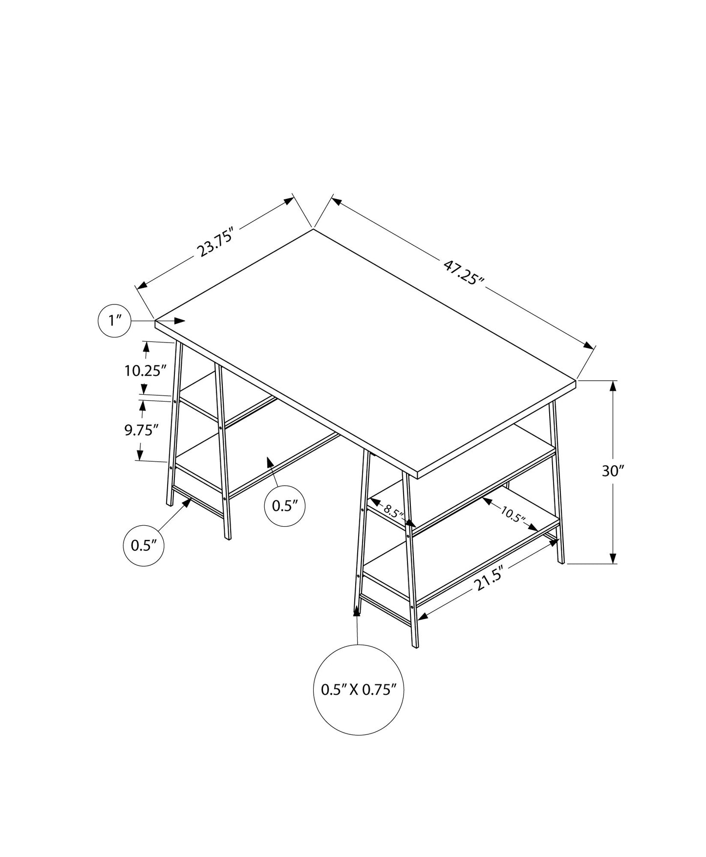 Blueprint of a modern metal desk with dimensions featuring three shelves on each side
