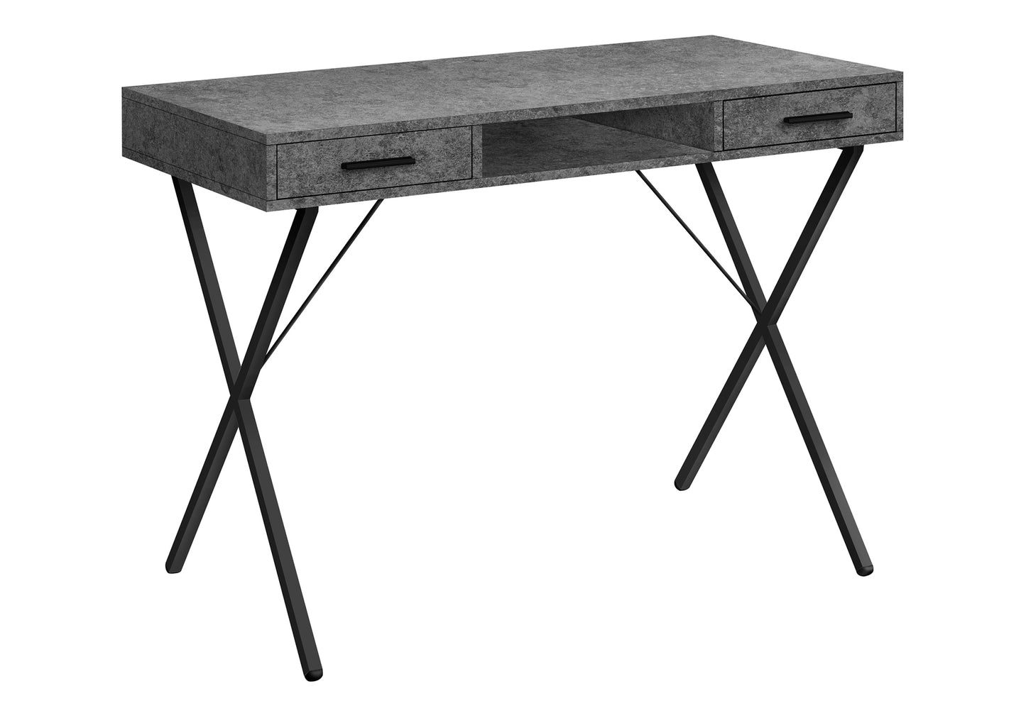 Modern grey desk with black metal Xshaped legs and two drawers