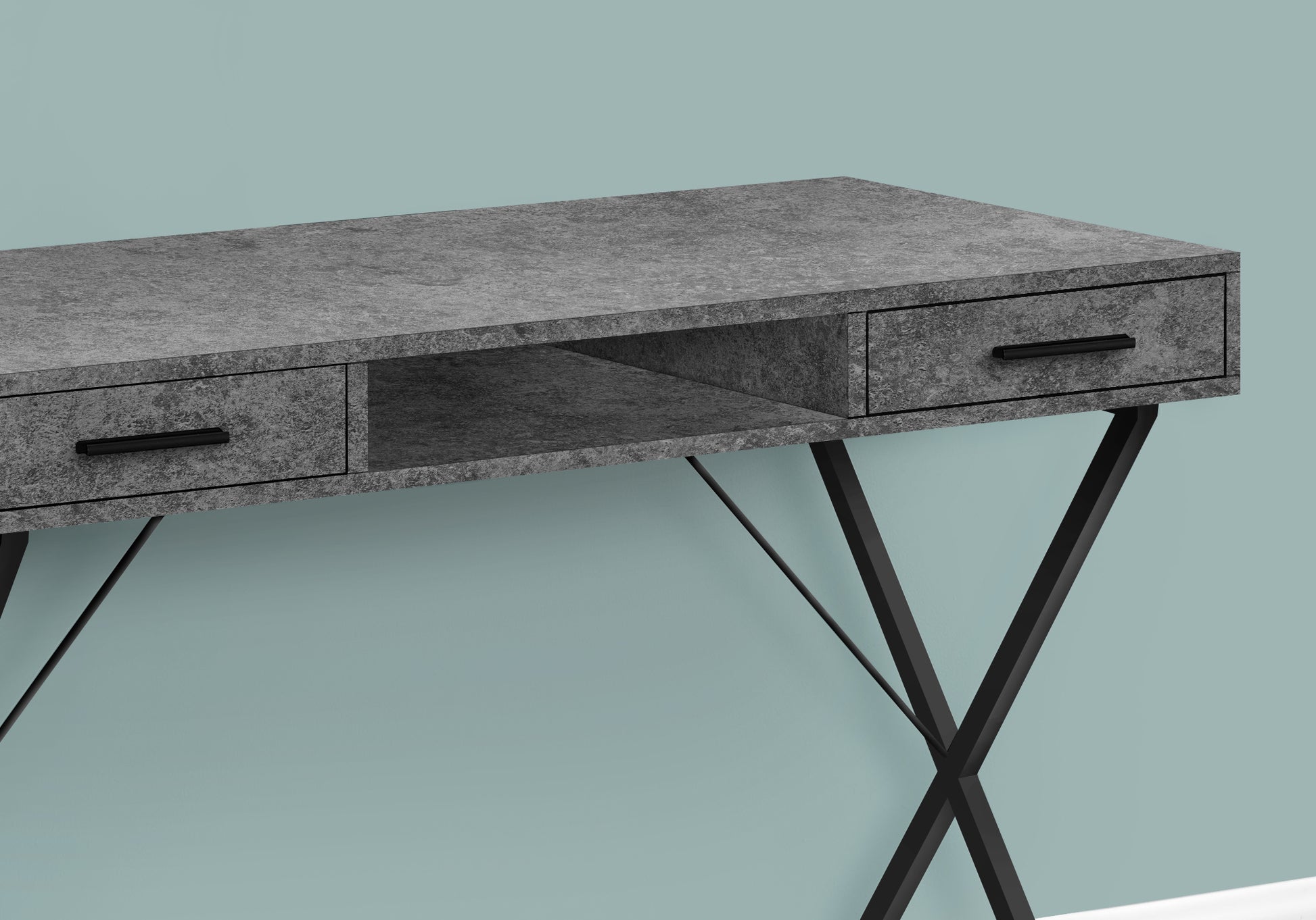 Modern gray textured desk with black metal Xframe legs and two drawers