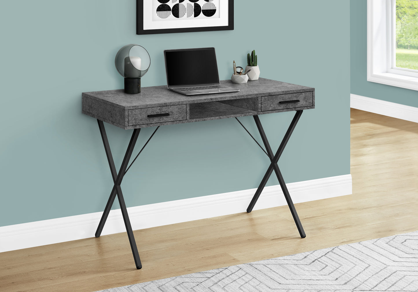 Modern grey concrete look writing desk with black metal Xleg base