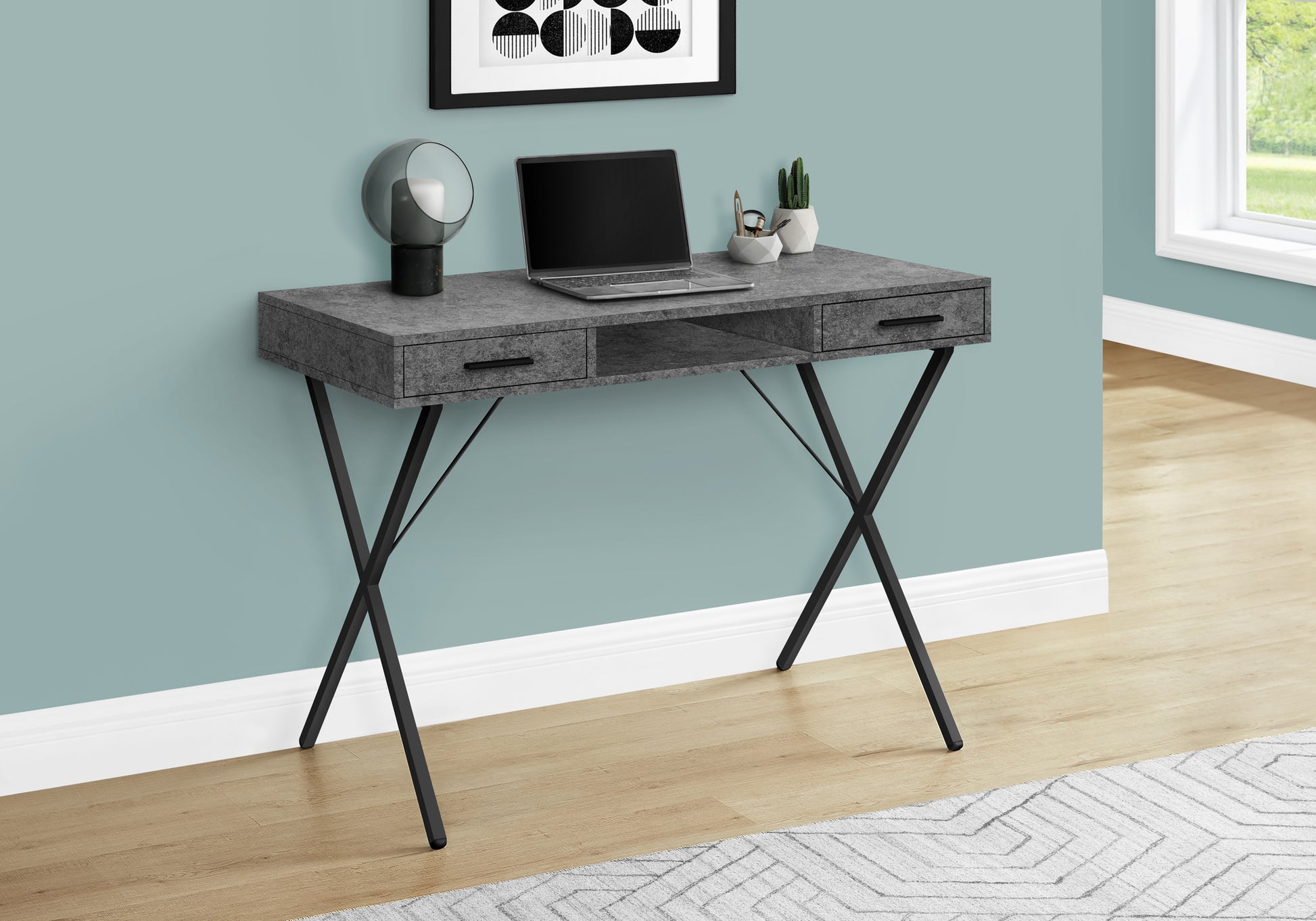 Modern grey concrete look writing desk with black metal Xleg base