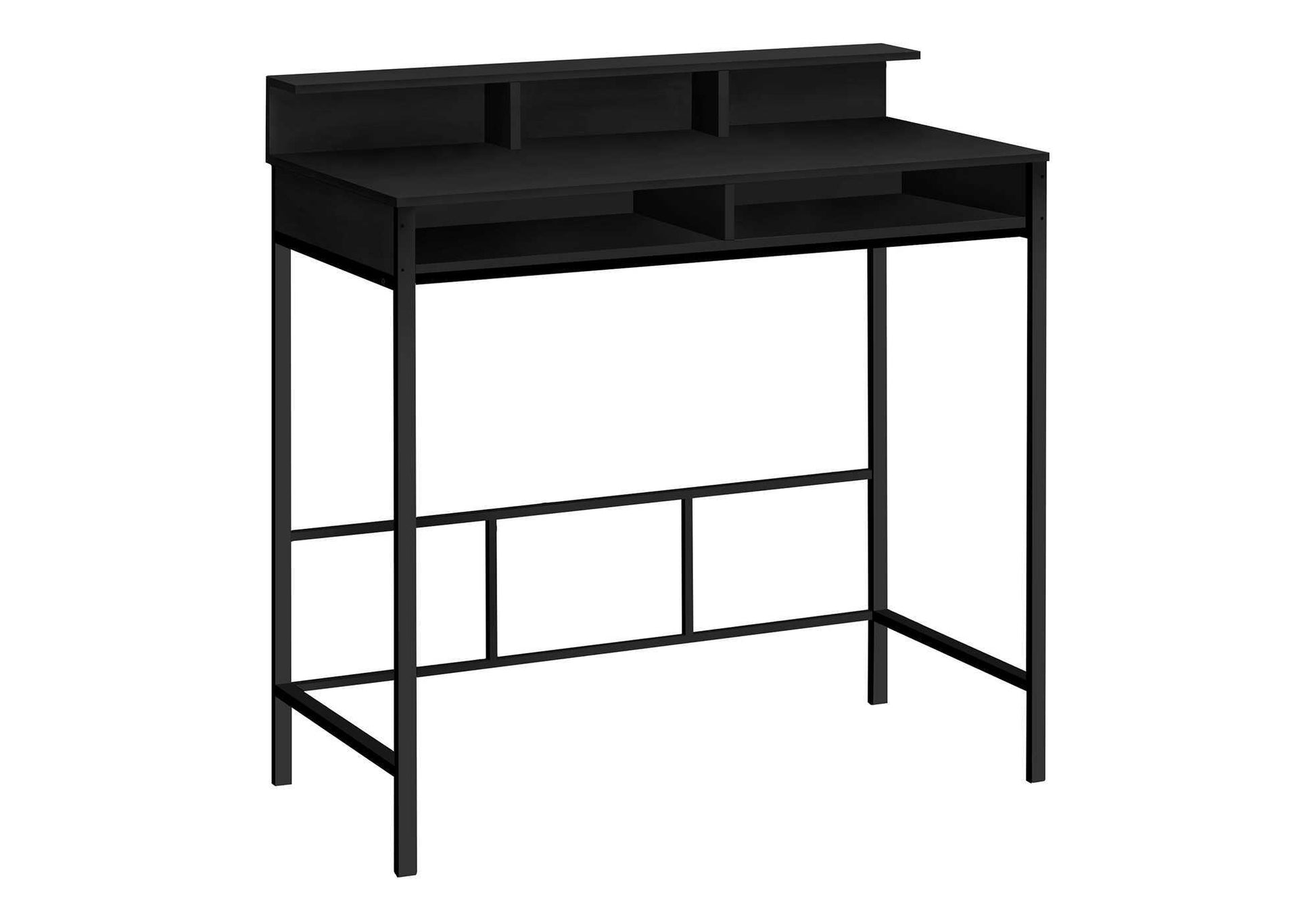 Sleek black metal frame standing desk with multiple shelves for organization