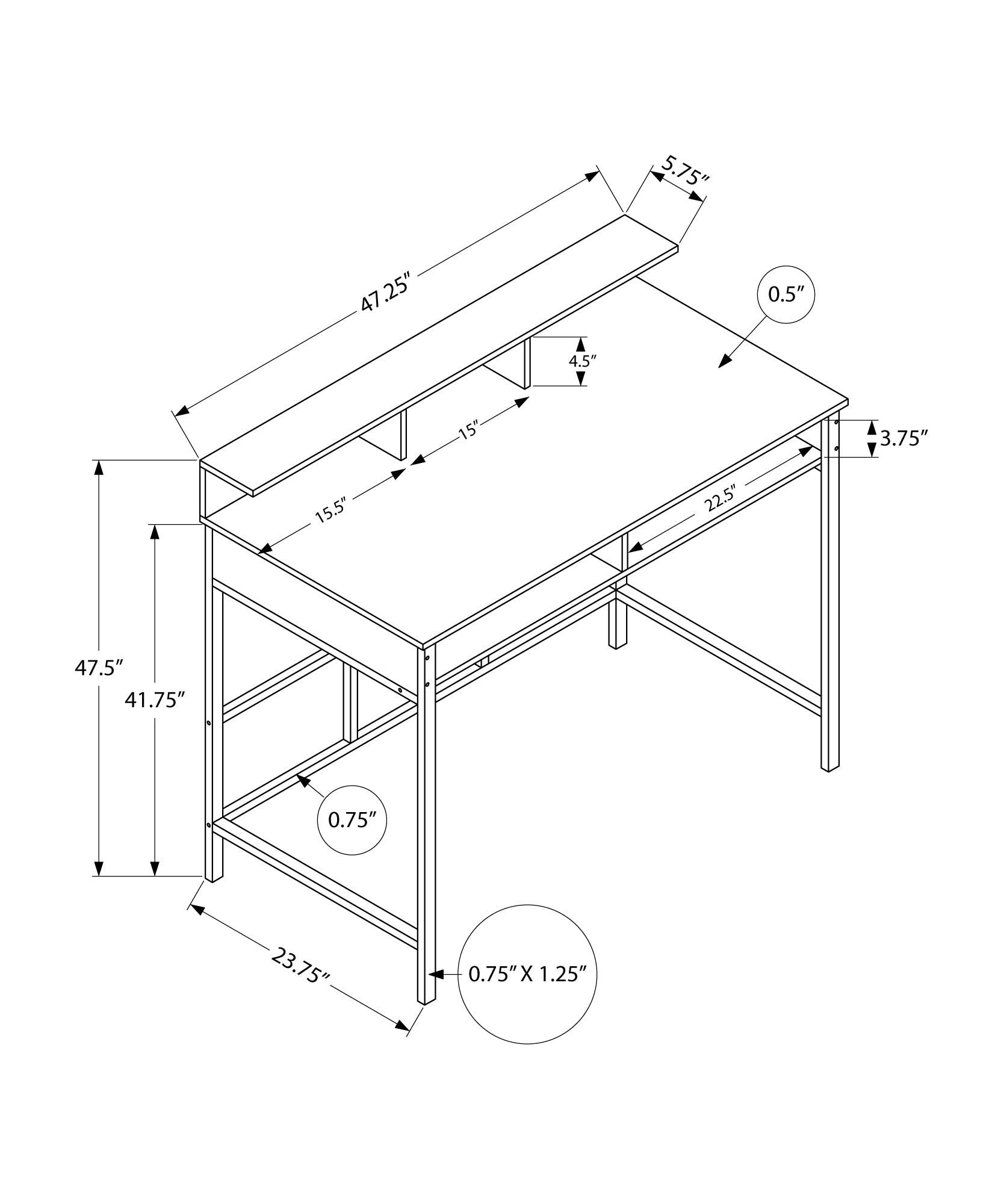 Technical drawing of a minimalist computer desk with tiered shelving  W