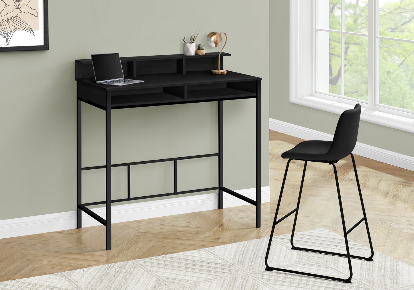 Modern black metal desk with laptop and storage shelves for home office