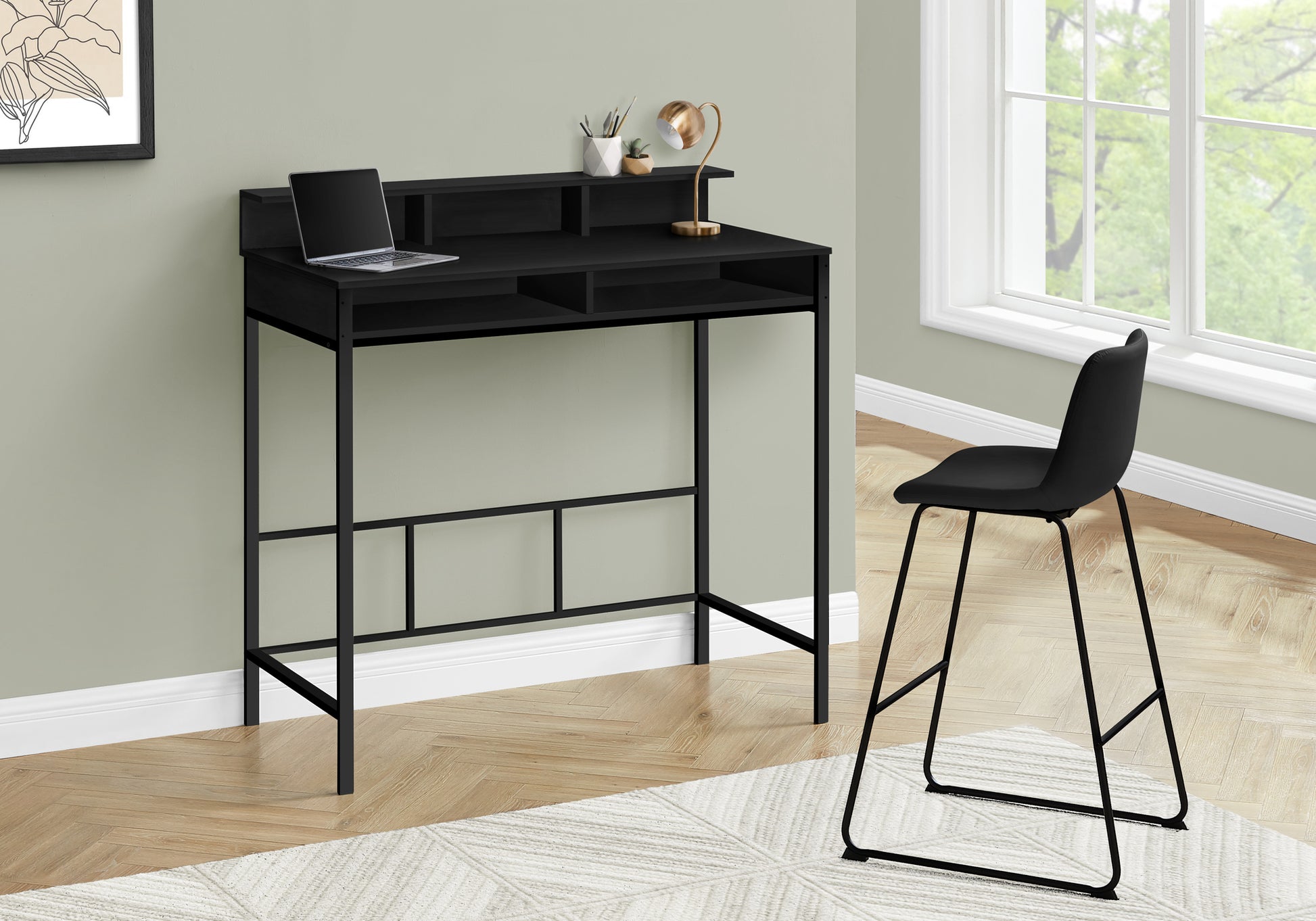 Modern black metal desk with laptop and storage shelves for home office